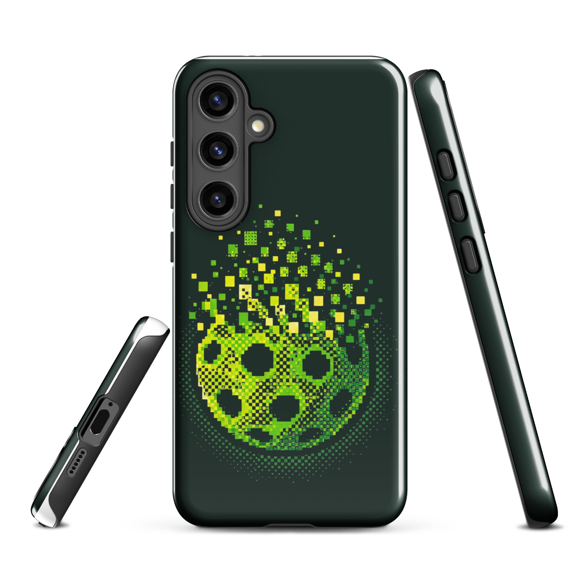 PeaMac Pickleball Matrix Burst tough phone case for Samsung Galaxy S24 Plus, glossy finish, durable protection, front view.