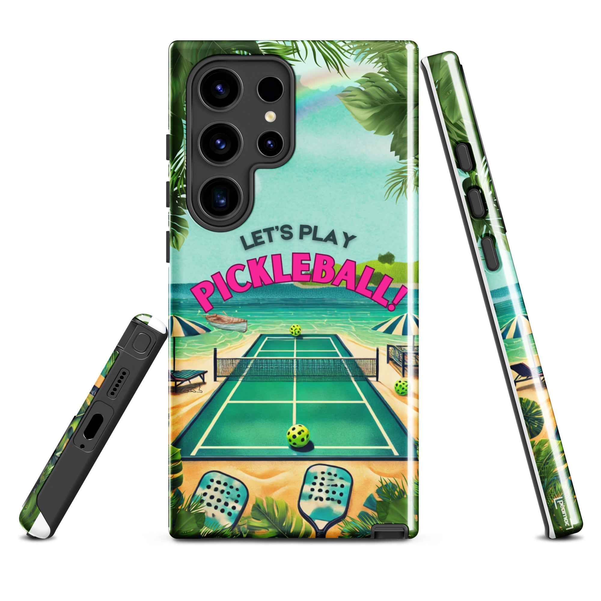 Tough glossy Samsung Galaxy S24 Ultra phone case featuring colorful Let's Play Pickleball design by PeaMac Pickleball Tees.