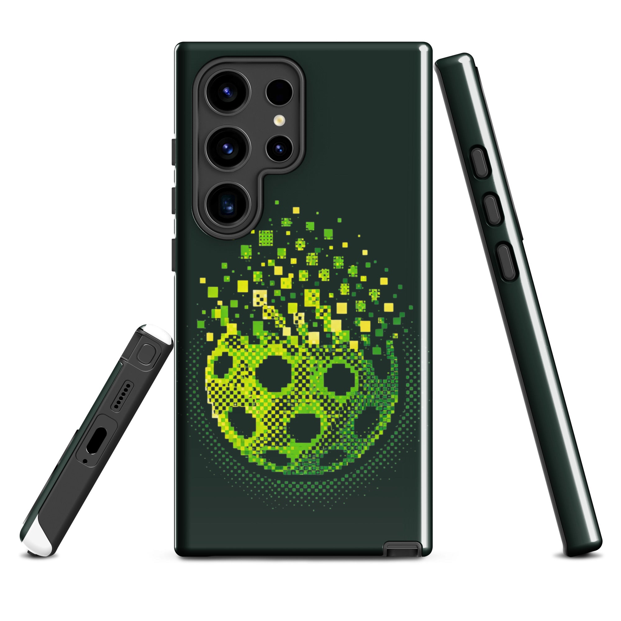 Glossy Samsung Galaxy S24 Ultra phone case featuring Matrix Burst Pickleball design by PeaMac Pickleball Tees.