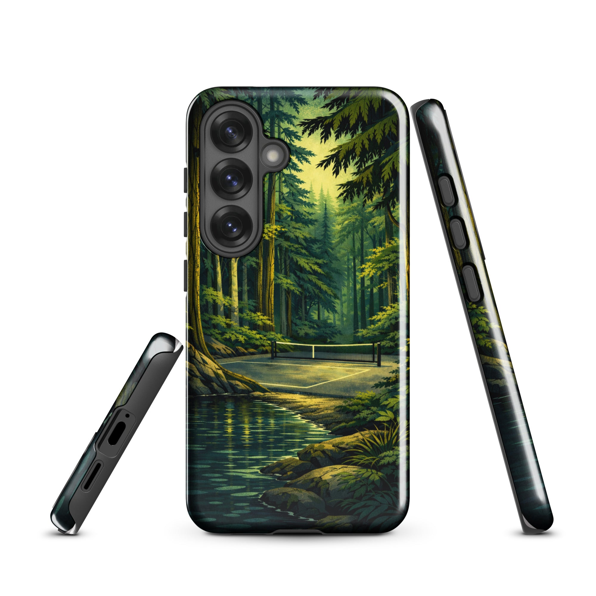 Glossy Samsung Galaxy S25 phone case with Hidden Forest Pickleball design by PeaMac Pickleball Tees.