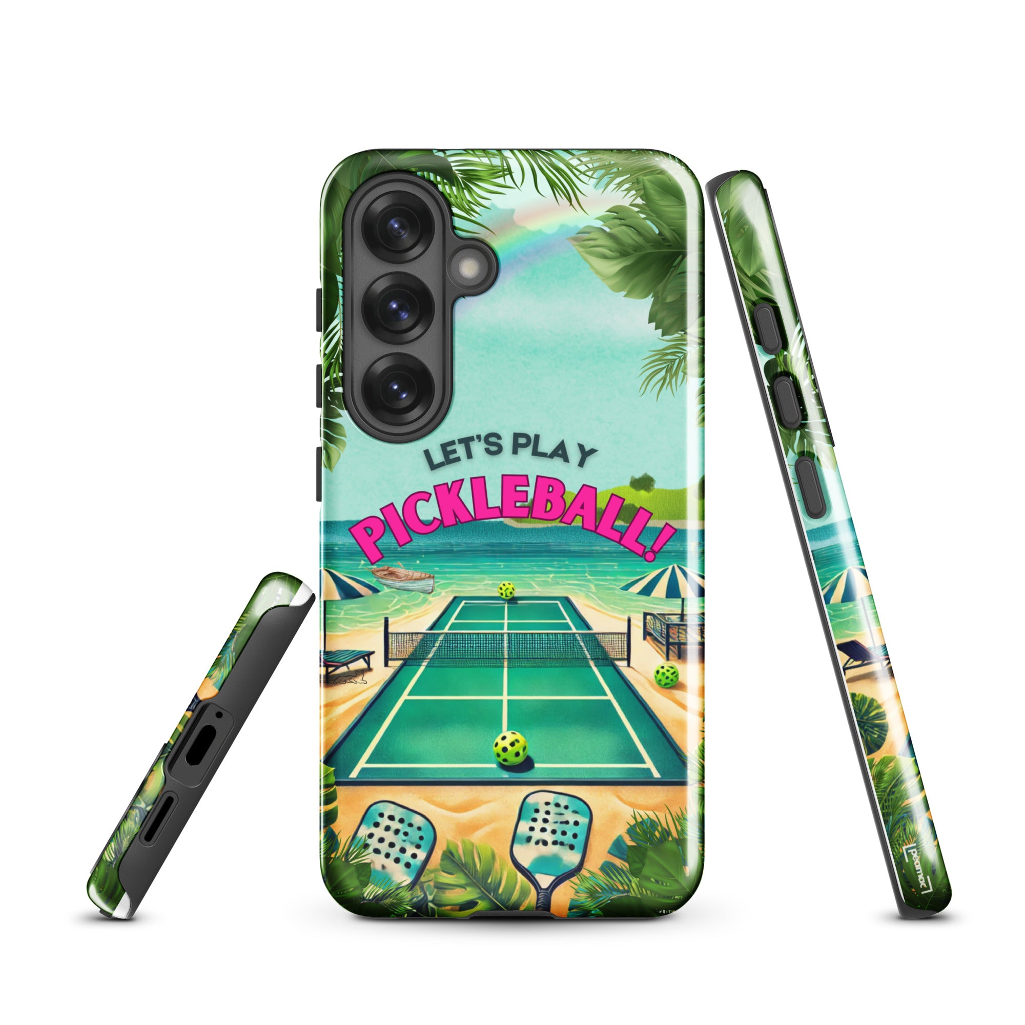 Tough Samsung Galaxy S25 phone case featuring a colorful Let's Play Pickleball design by PeaMac Pickleball Tees.