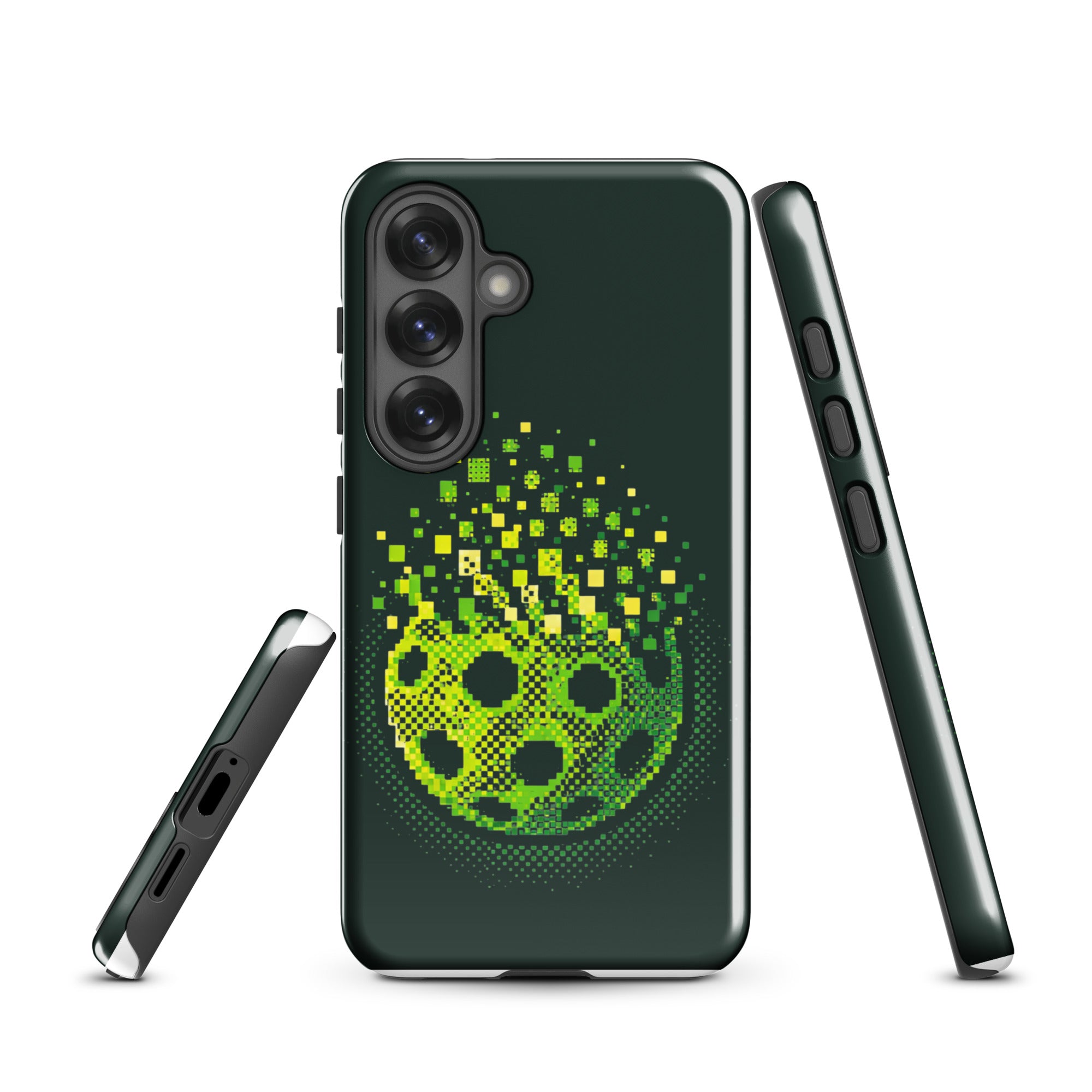 PeaMac Pickleball Matrix Burst tough phone case for Samsung Galaxy S25, glossy finish, protective design, front view.