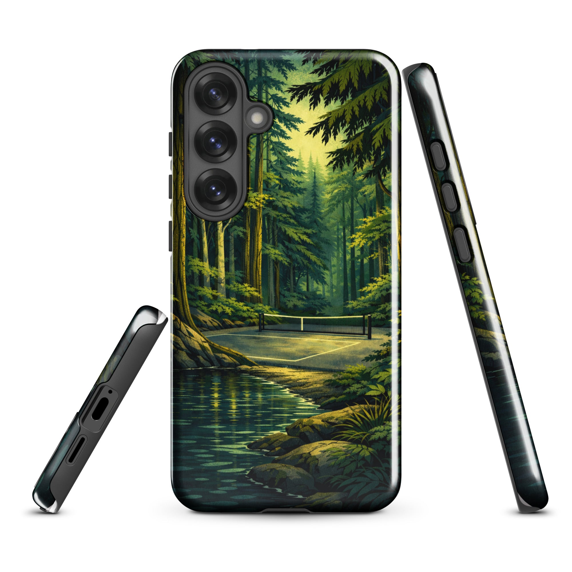 Glossy Samsung Galaxy S25+ phone case featuring a Hidden Forest Pickleball design by PeaMac Pickleball Tees.