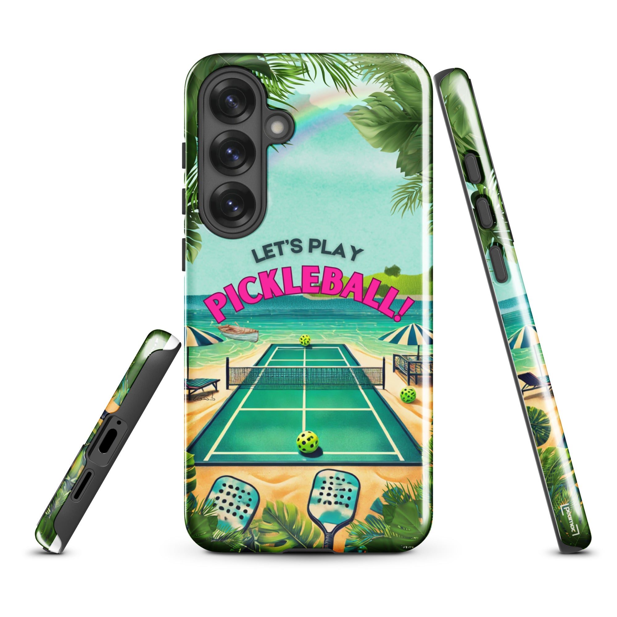 Tough Samsung Galaxy S25 Plus phone case with Let’s Play Pickleball design by PeaMac Pickleball Tees, glossy finish, front view