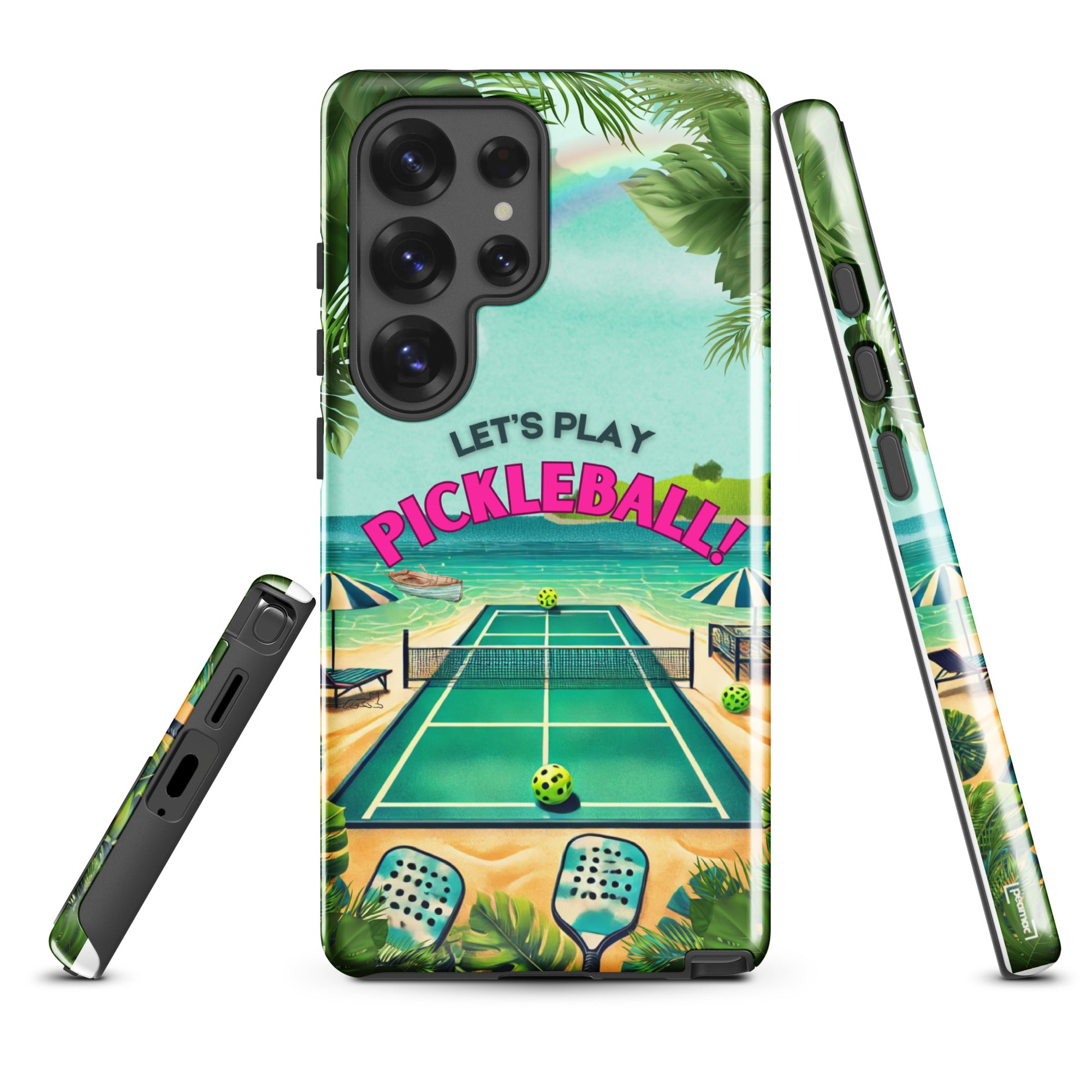PeaMac Pickleball Tees tough phone case for Samsung Galaxy S25 Ultra with glossy finish and pickleball-themed design.