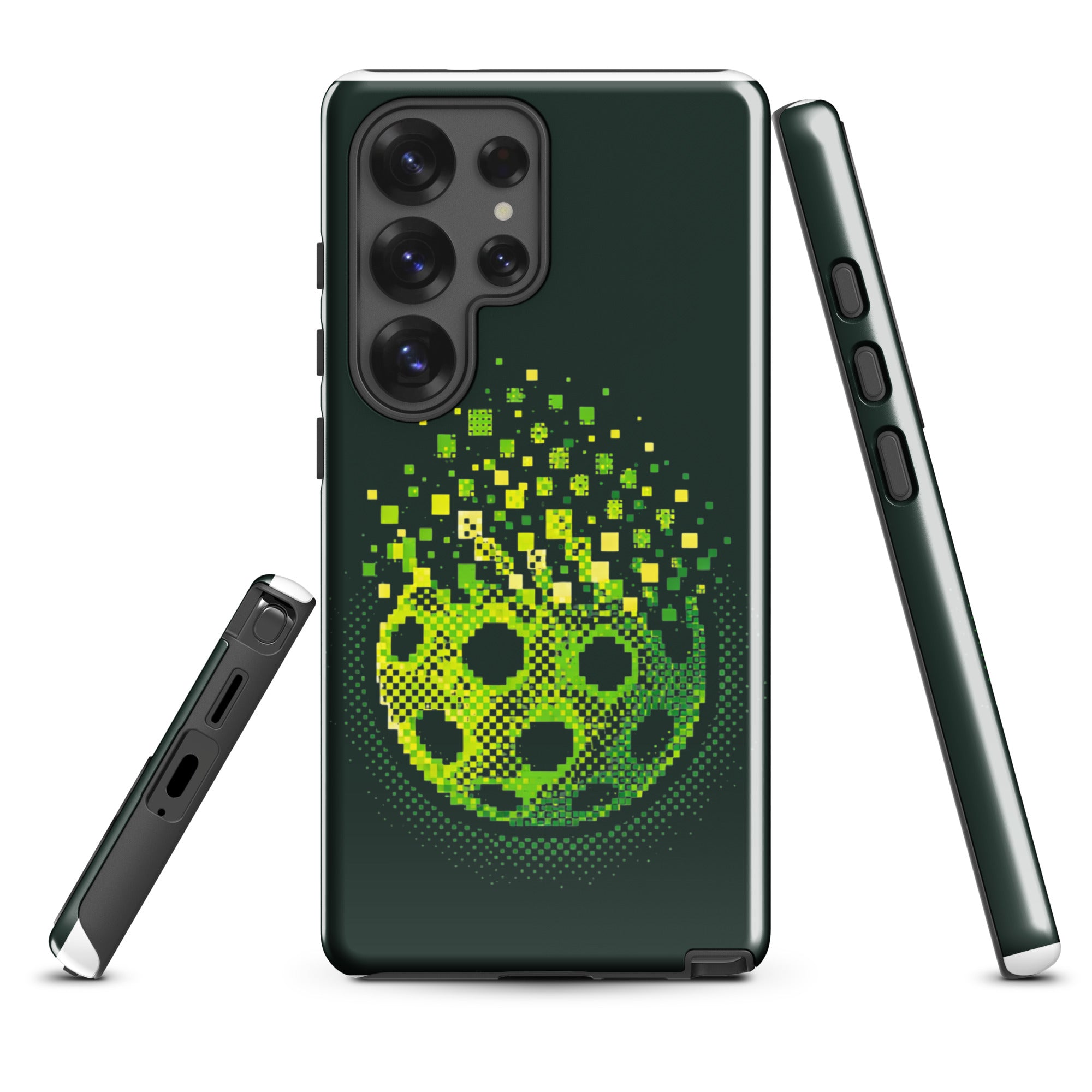 Glossy PeaMac Pickleball Matrix Burst phone case for Samsung Galaxy S25 Ultra, durable tough case with colorful pickleball design.