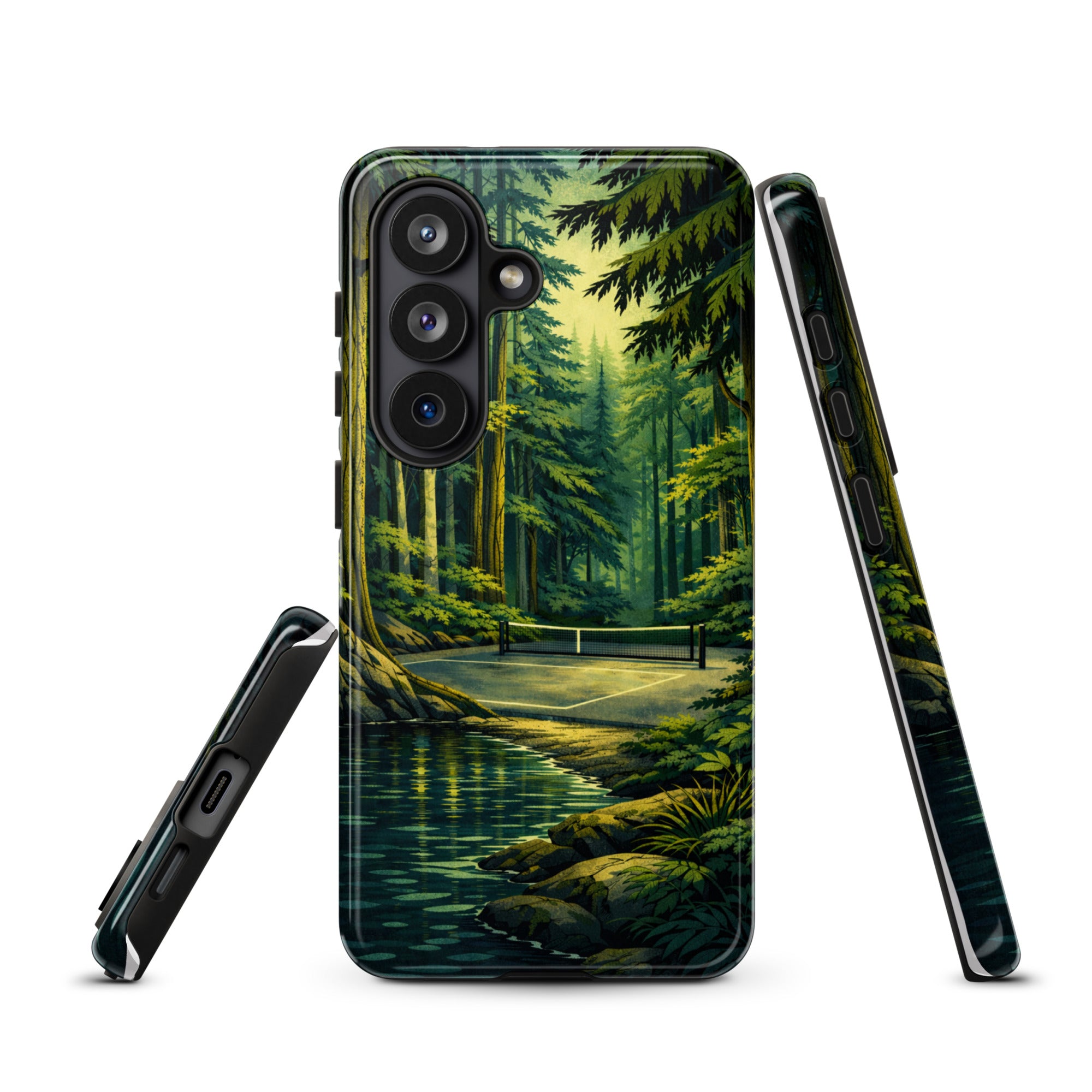 Glossy Samsung Galaxy S26 phone case with Hidden Forest Pickleball design, durable and protective by PeaMac Pickleball Tees.
