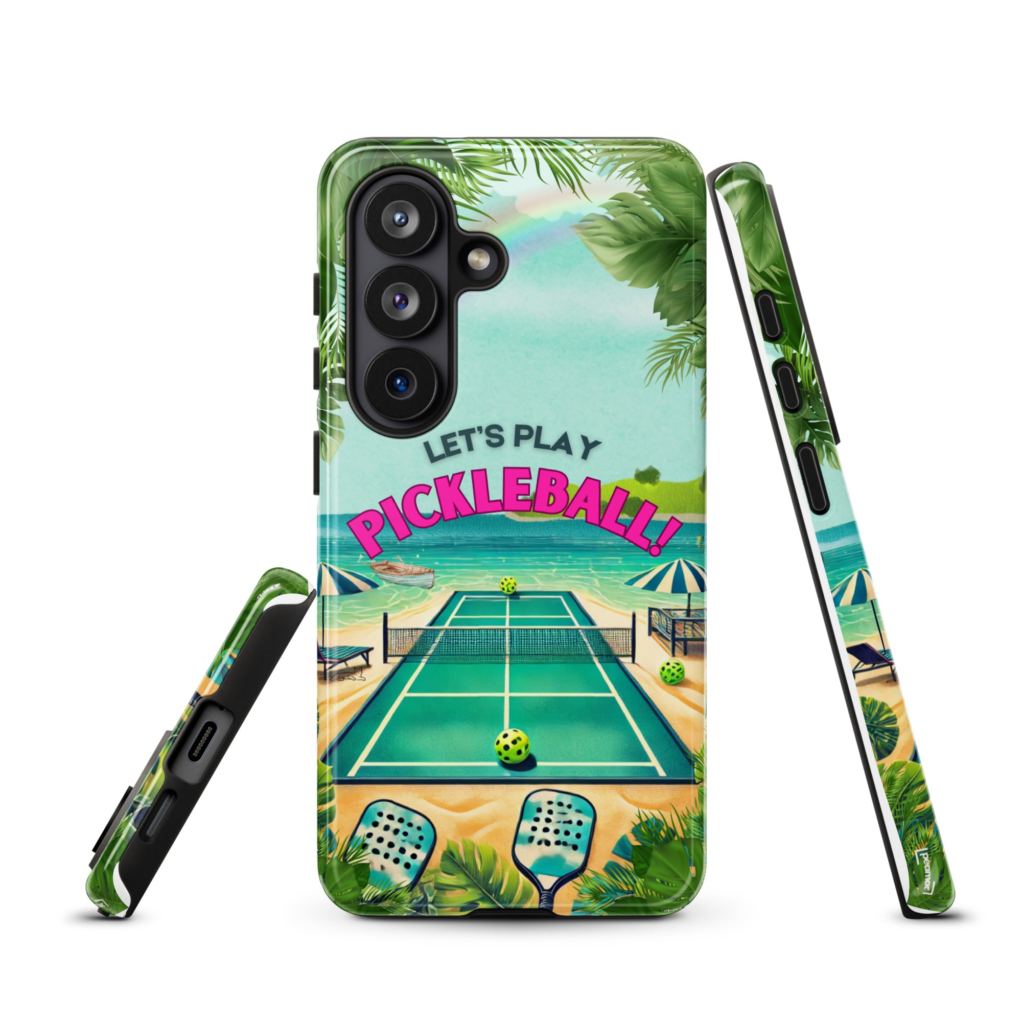 Tough glossy Samsung Galaxy S26 phone case featuring a colorful pickleball design by PeaMac Pickleball Tees.