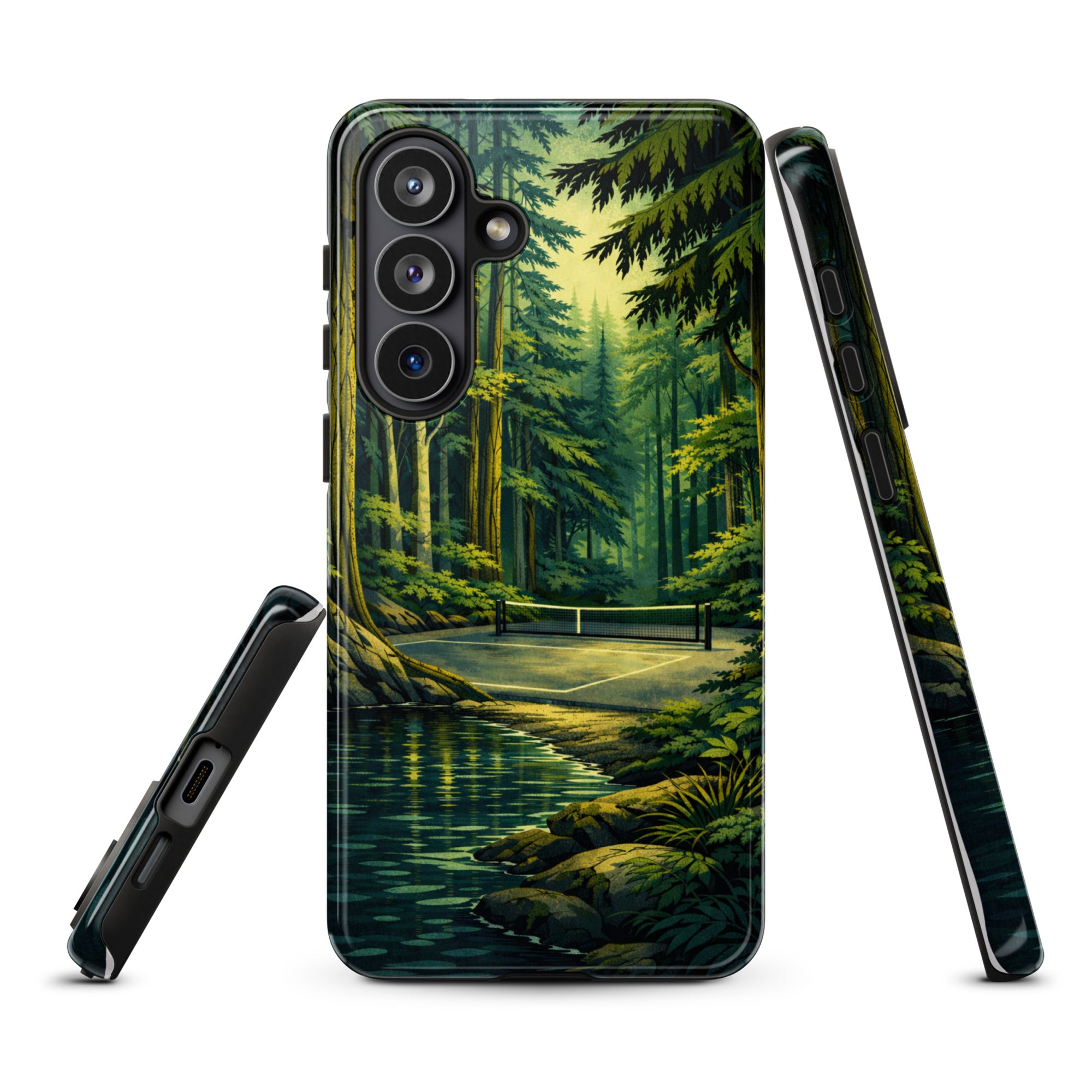 Glossy Samsung Galaxy S26 Plus phone case with Hidden Forest Pickleball design by PeaMac Pickleball Tees, showing front view.