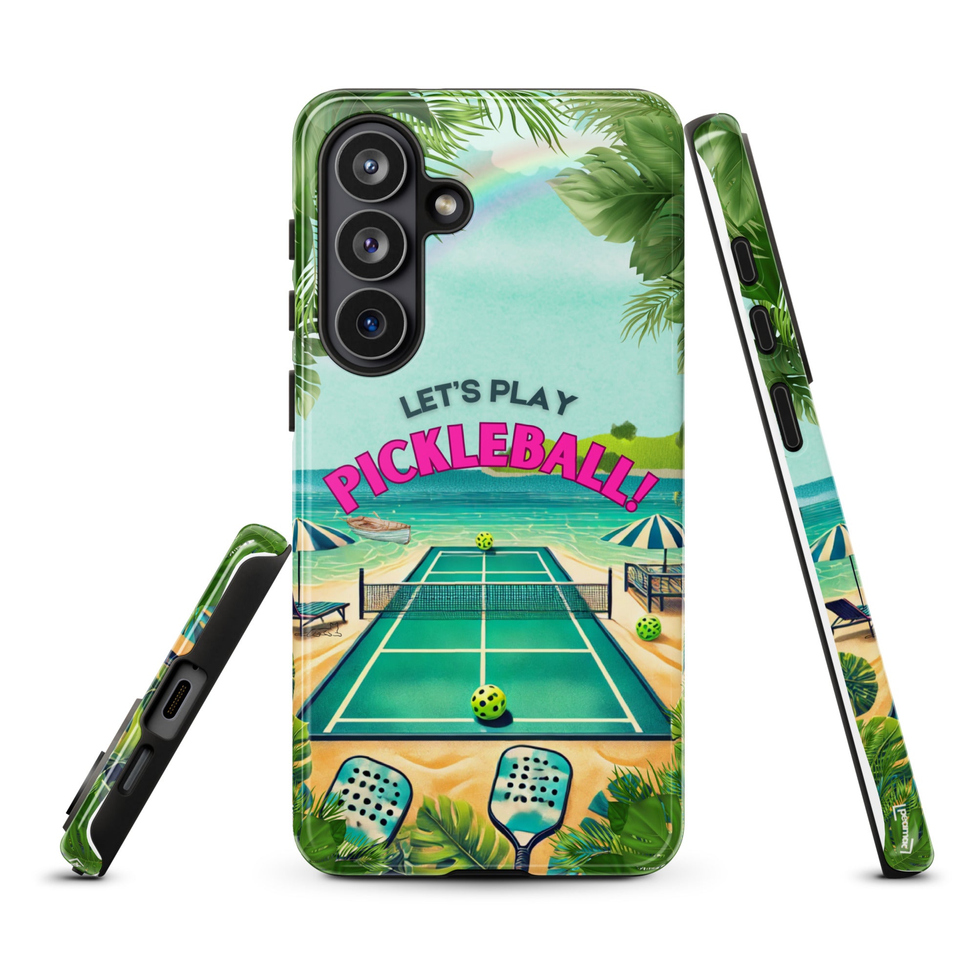 PeaMac Pickleball Tees tough glossy phone case for Samsung Galaxy S26 Plus, featuring pickleball design and durable protection.