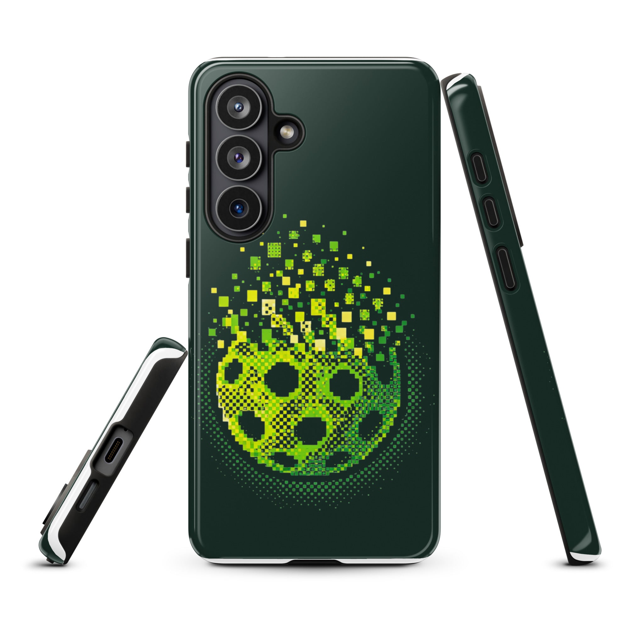 Glossy Samsung Galaxy S26 Plus phone case featuring Matrix Burst Pickleball design, durable and protective for Samsung devices.