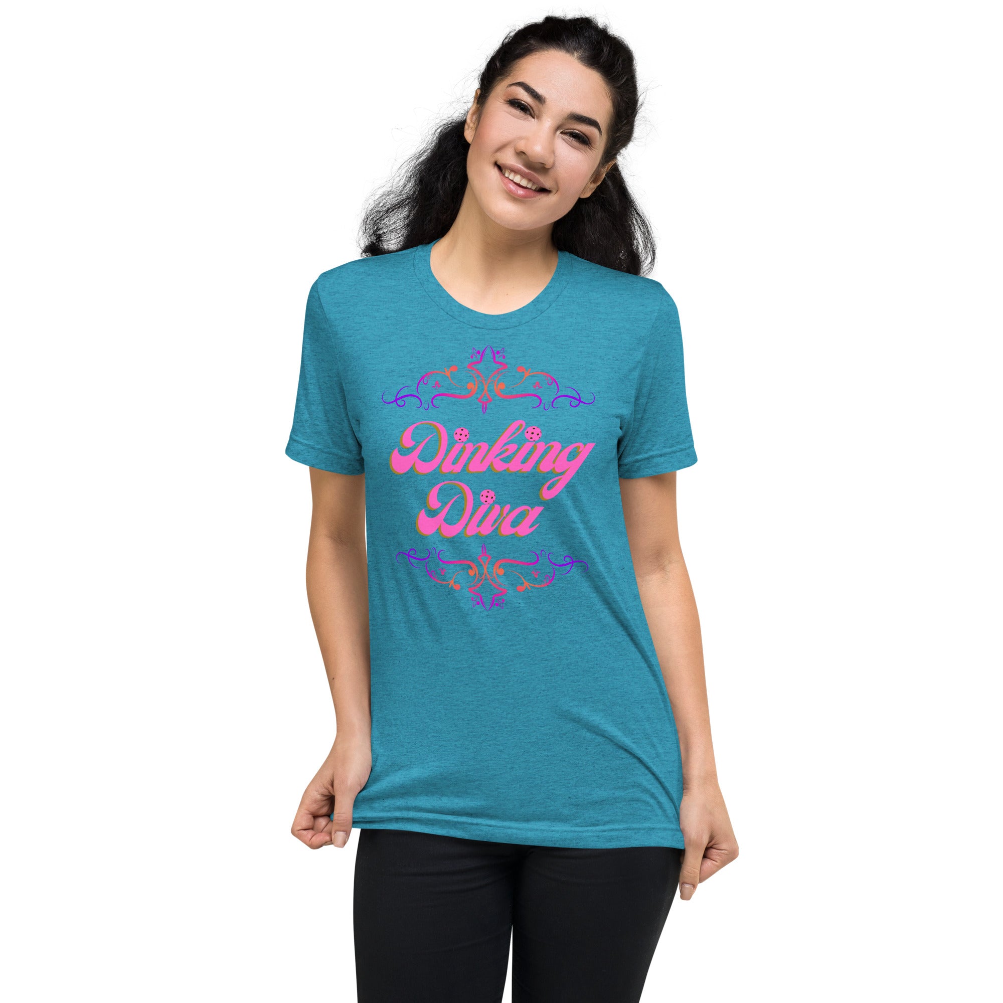 Unisex pink filigree pickleball T-shirt by PeaMac Pickleball Tees, featuring a stylish design on a comfortable tri-blend fabric.