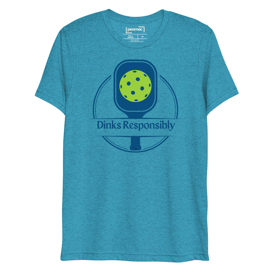 Unisex aqua tri-blend pickleball T-shirt featuring a paddle and ball graphic with humorous "Dinks Responsibly" slogan.