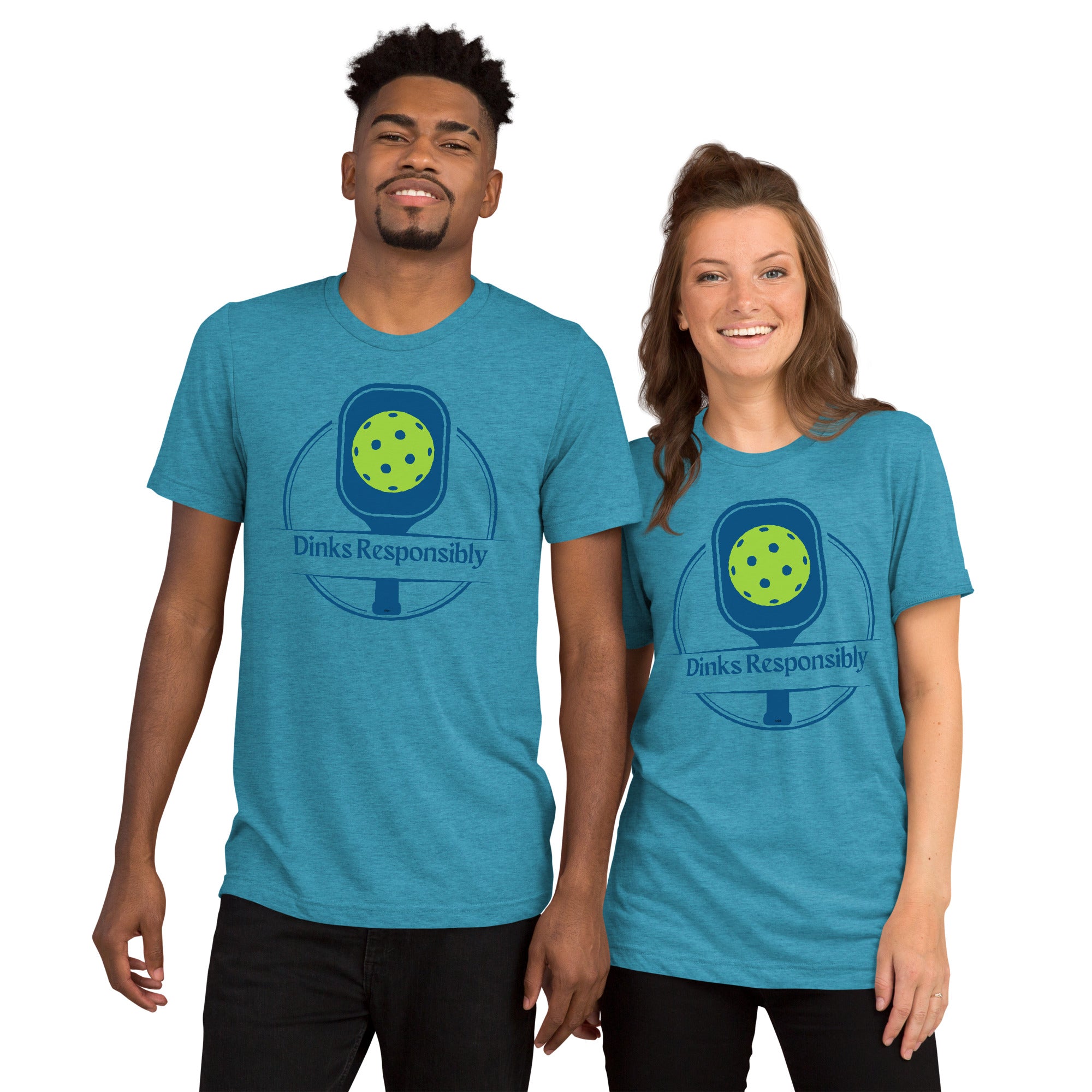Unisex aqua tri-blend T-shirt featuring a pickleball paddle and ball graphic, from PeaMac Pickleball Tees.