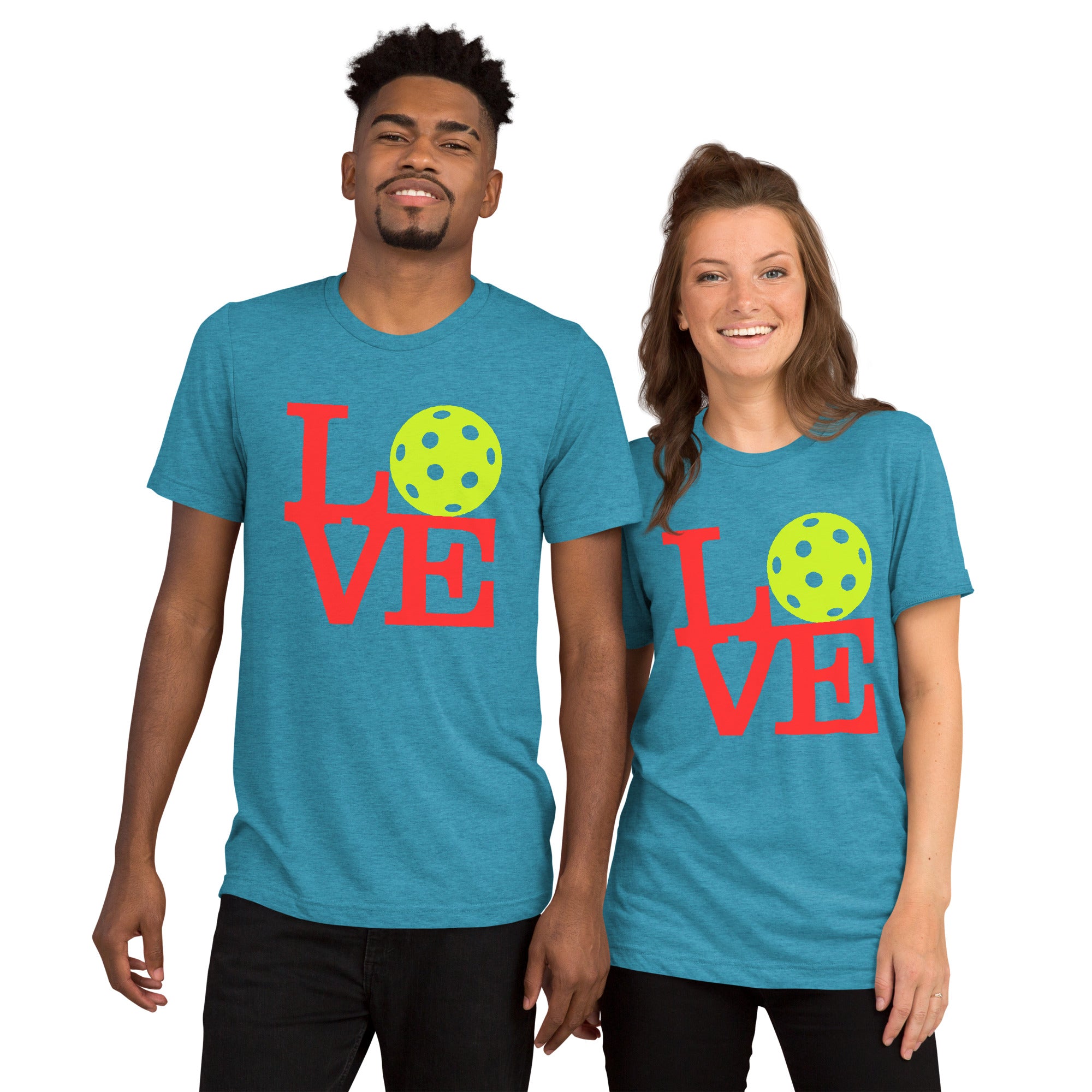 Unisex aqua LOVE Pickleball Tee by PeaMac Pickleball Tees, neon pop art premium T-shirt with front design.