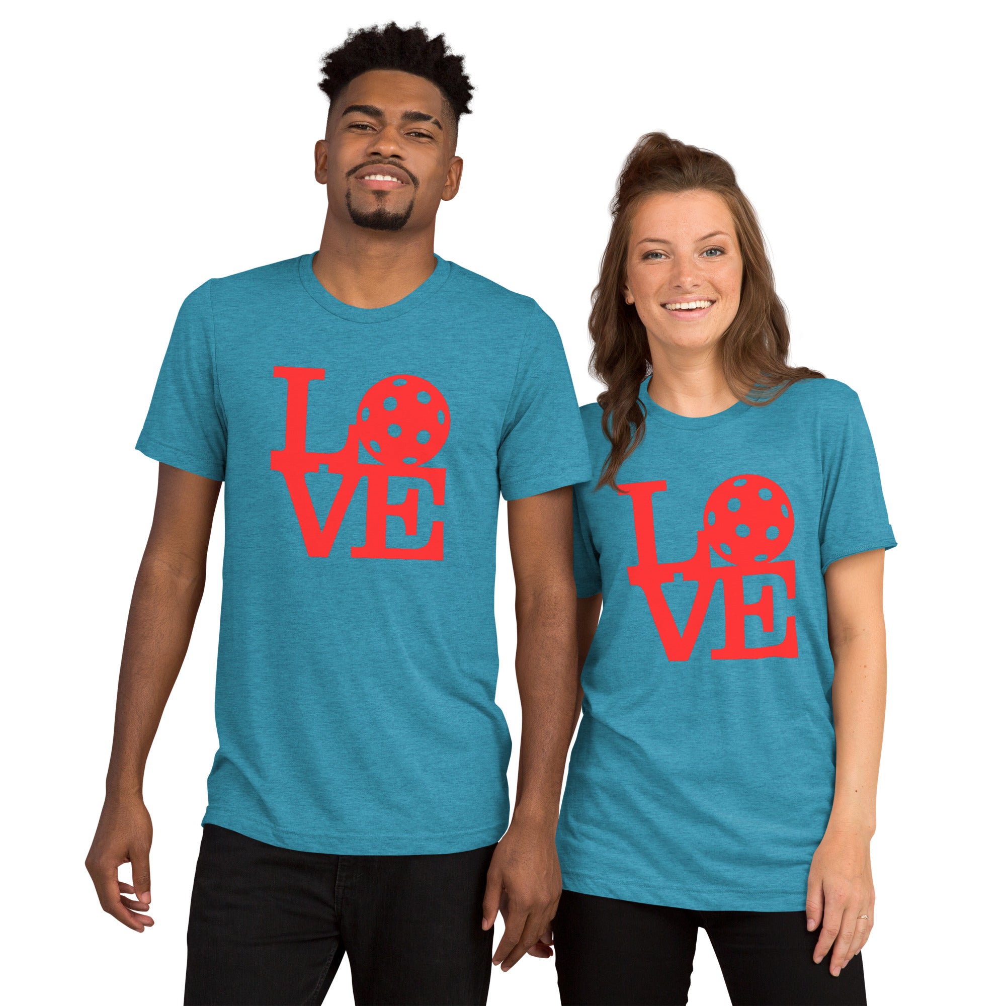 Unisex LOVE Pickleball graphic T-shirt in aqua, featuring bold pop art design, made by PeaMac Pickleball Tees.