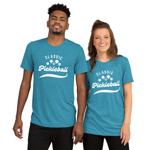 White unisex tri-blend T-shirt featuring a pickleball script design, from PeaMac Pickleball Tees, front view.