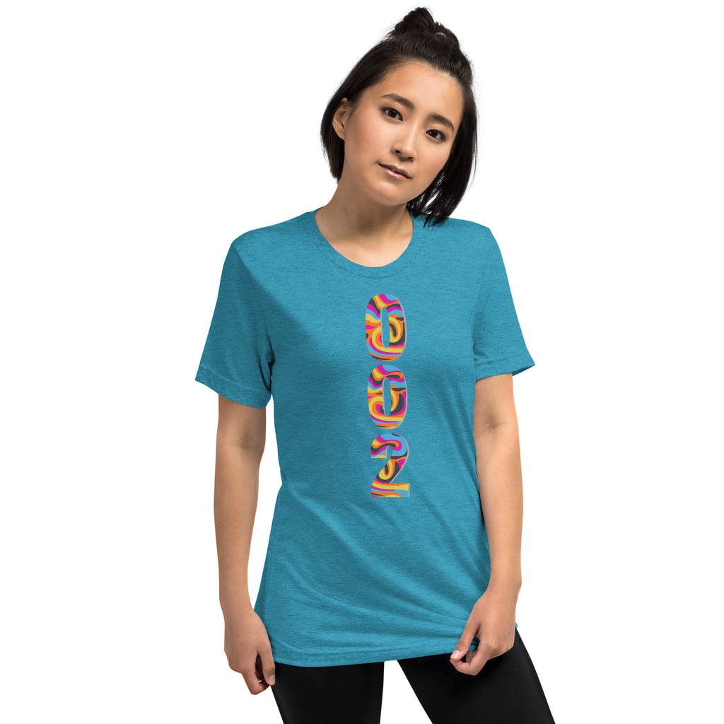 Unisex Pickleball T-Shirt by PeaMac, aqua tri-blend fabric with psychedelic design on front, casual and comfortable unisex tee.
