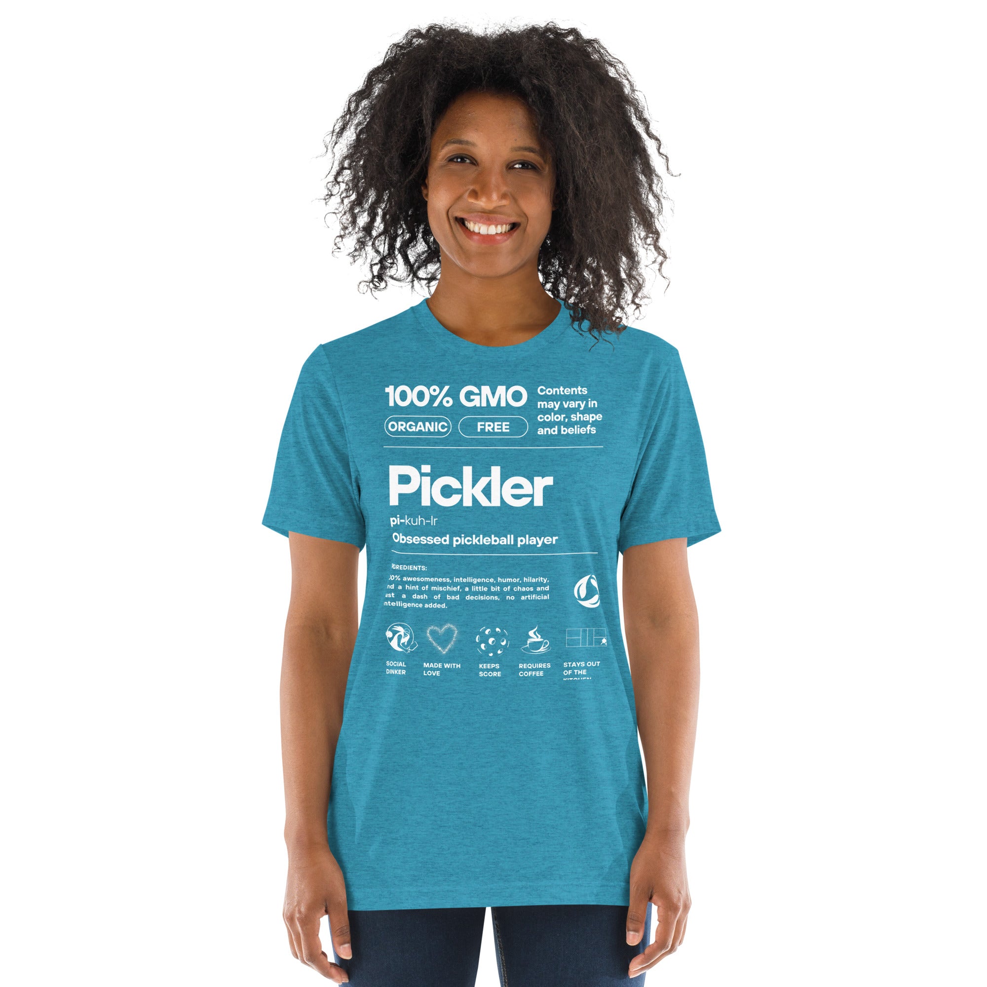 Women's Pickler Funny Definitions T-Shirt by PeaMac Pickleball Tees, lightweight aqua tri-blend fabric with white text, front view.