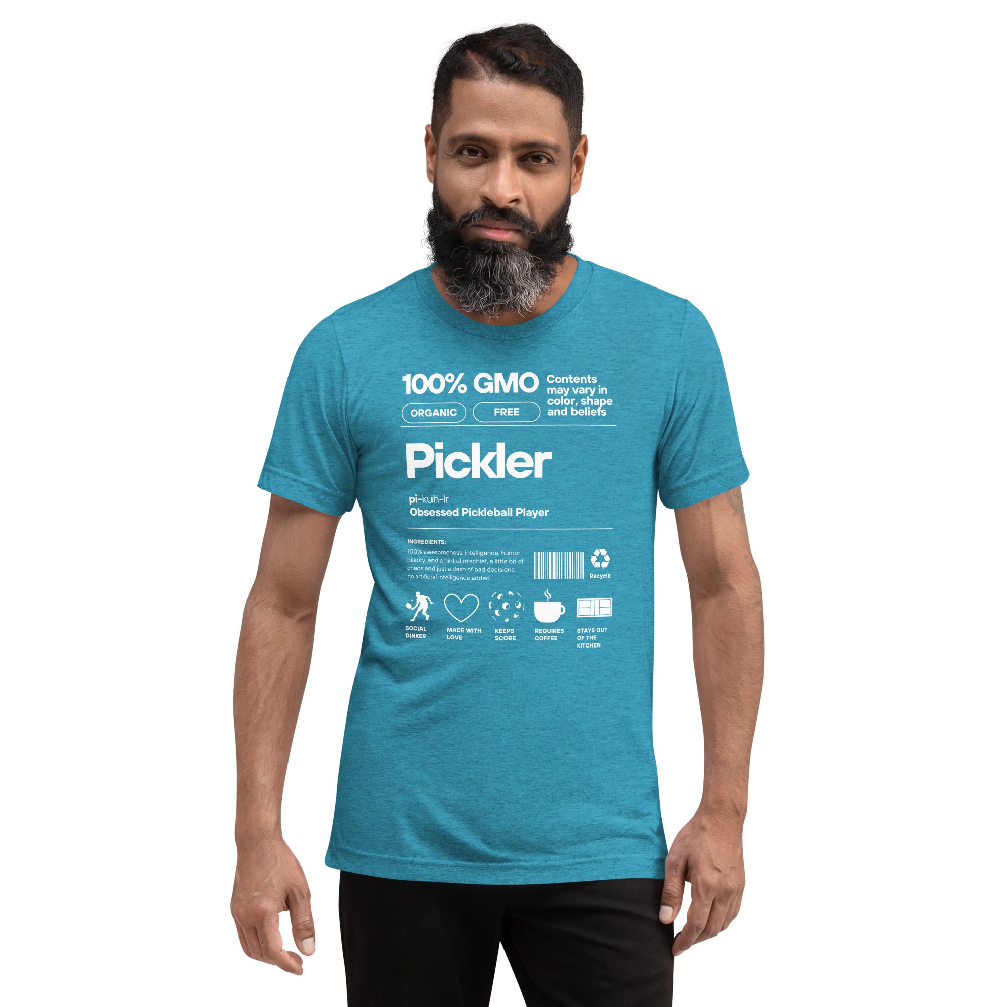 Unisex aqua Pickler Funny Definitions T-Shirt by PeaMac Pickleball Tees, premium tri-blend activewear with front design.