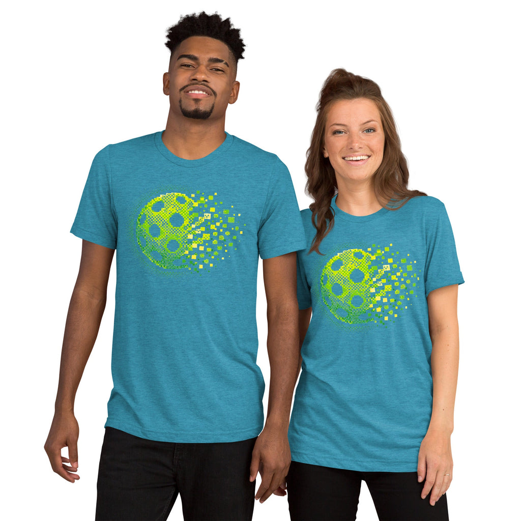 Unisex aqua tri-blend T-shirt featuring the Matrix Burst Neo-Green pickleball graphic, by PeaMac Pickleball Tees.