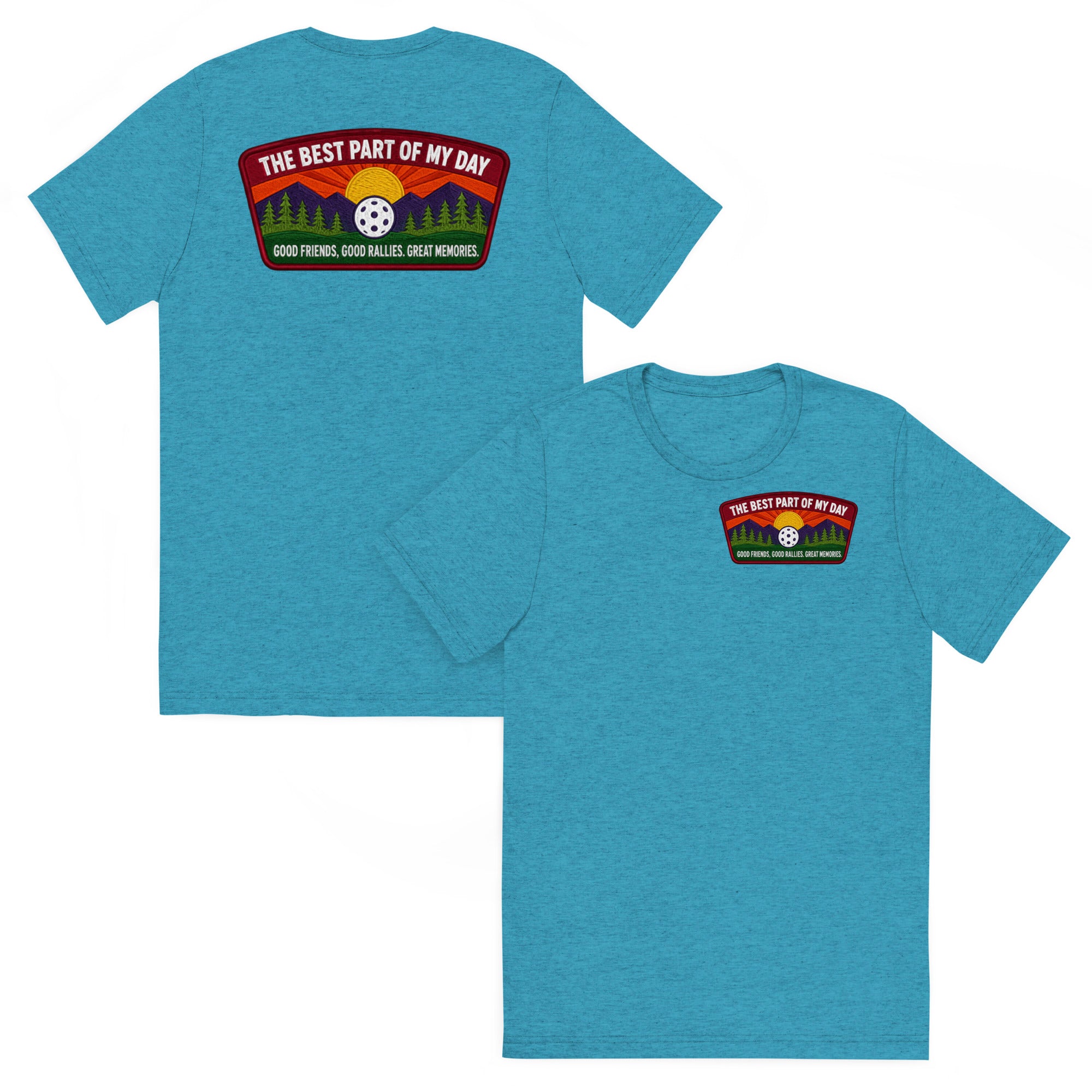 Unisex aqua tri-blend pickleball T-shirt with front and back print, featuring "Best Part of My Day Pickleball" design by PeaMac Pickleball Tees.