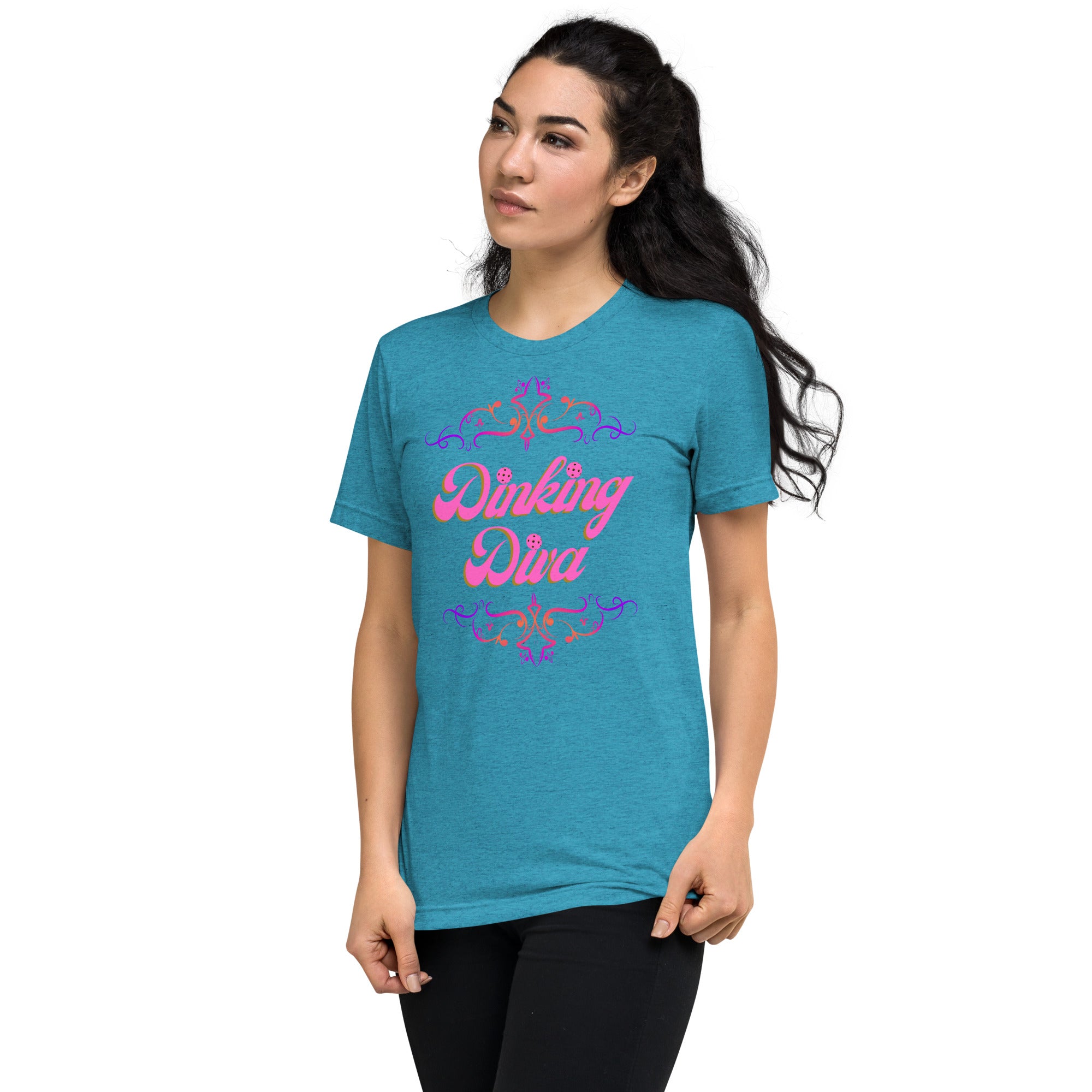 Pink Dinking Diva Pickleball T-shirt by PeaMac Pickleball Tees, unisex athletic tri-blend tee with pink filigree design, front view.