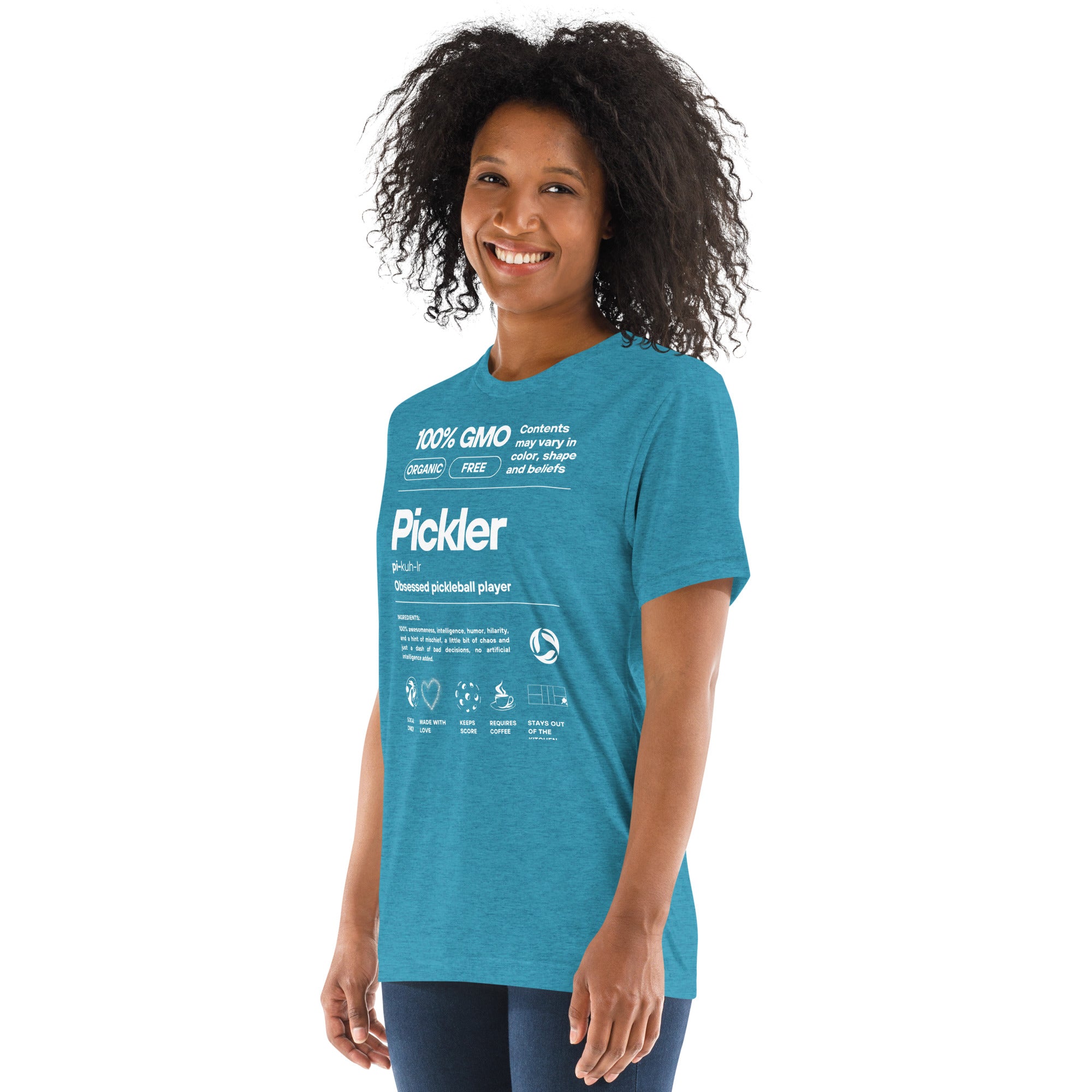 Women's Pickler Funny Definitions T-Shirt by PeaMac Pickleball Tees in aqua, lightweight unisex tri-blend fabric with white text.