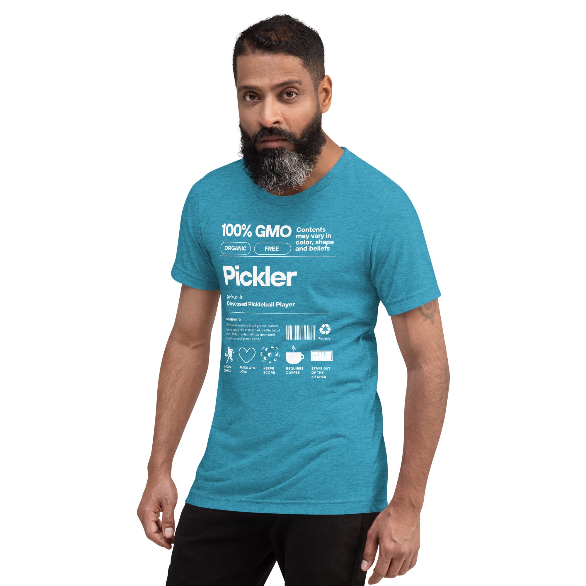 Unisex aqua Pickler Funny Definitions T-Shirt by PeaMac Pickleball Tees, premium tri-blend activewear, left front view.
