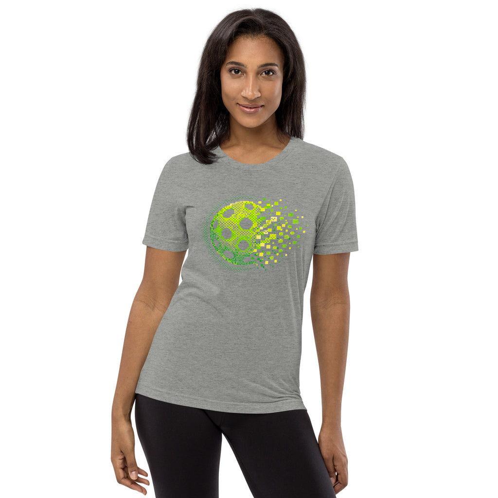 Unisex grey tri-blend T-shirt with Retro Court graphic design, perfect for pickleball players, by PeaMac Pickleball Tees.