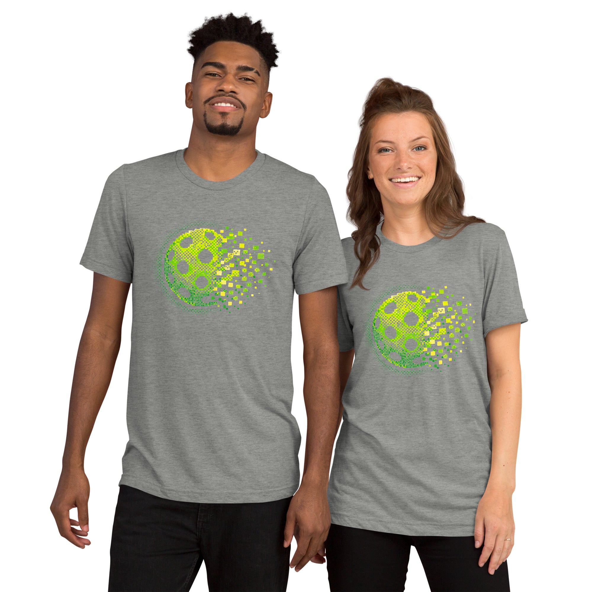 PeaMac Pickleball Tees Matrix Burst Pickleball T-Shirt in retro court graphic design, unisex tri-blend athletic grey front view