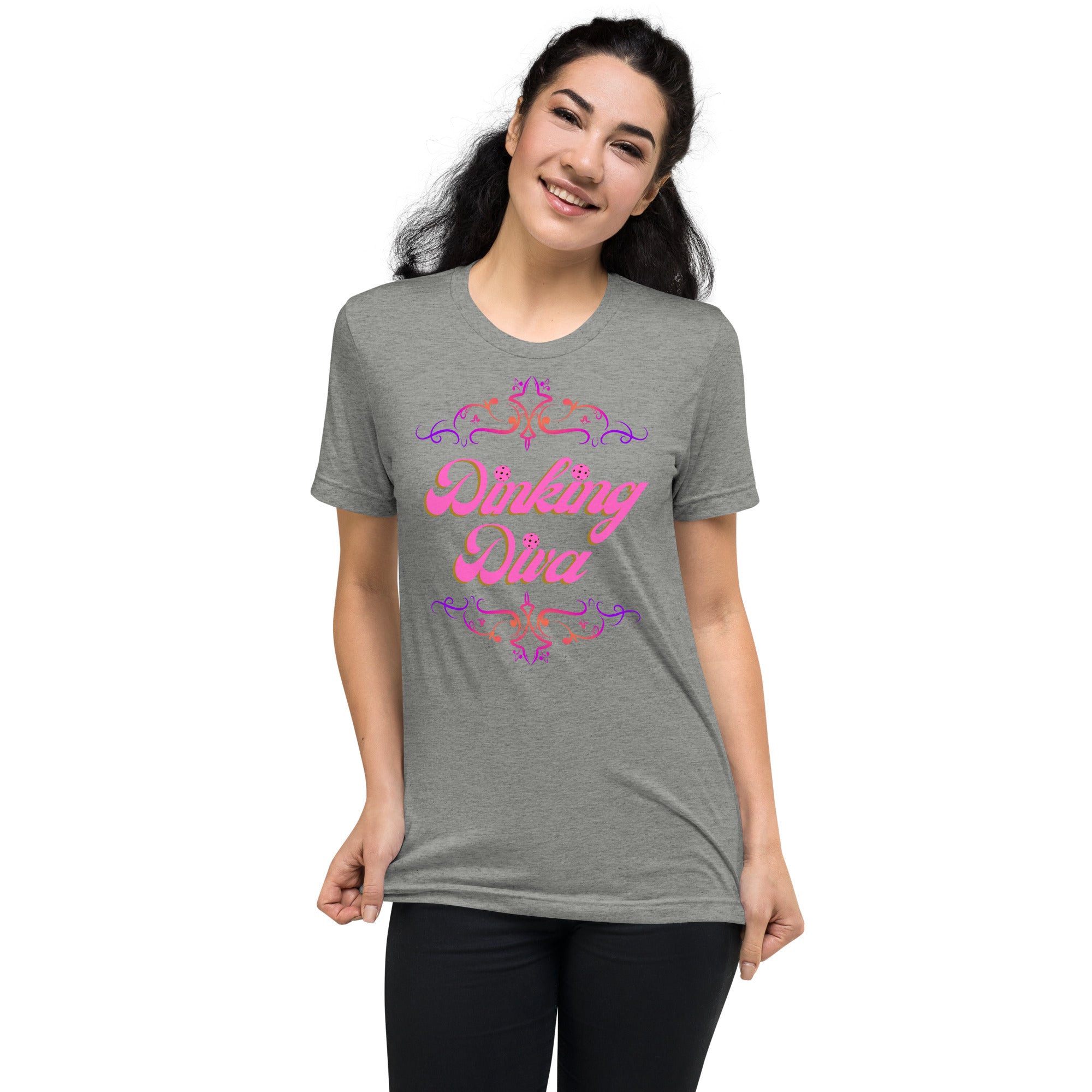 PeaMac Pickleball Tees Dinking Diva Pink Filigree athletic unisex tri-blend T-shirt, grey front view, casual athletic wear for pickleball fans