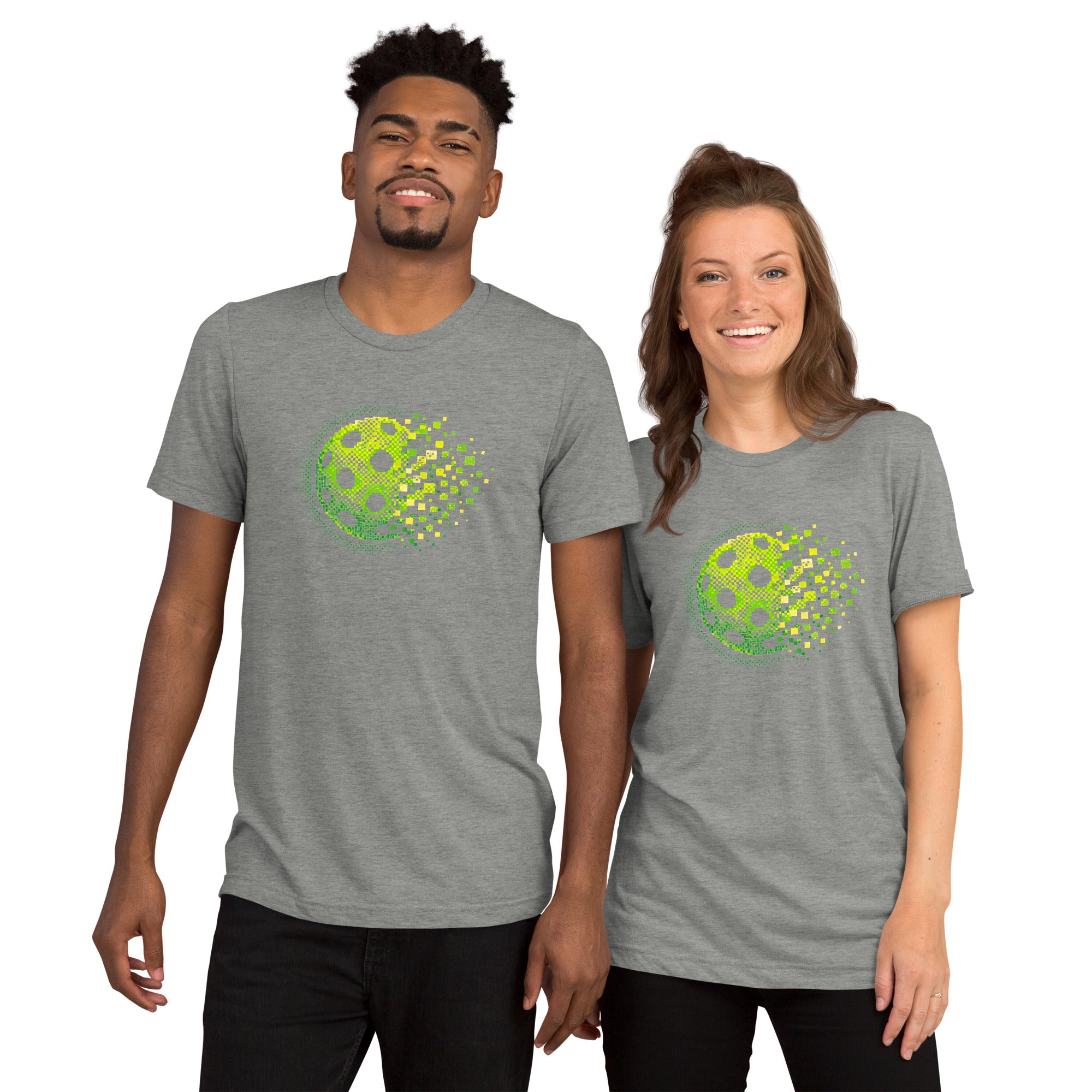 PeaMac Pickleball Tees Matrix Burst Pickleball T-Shirt in athletic grey with retro court graphic, unisex tri-blend fabric, front view