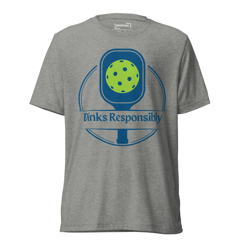 Unisex grey tri-blend T-shirt featuring a playful pickleball paddle and ball graphic, from PeaMac Pickleball Tees.