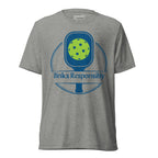 Unisex grey tri-blend T-shirt featuring a playful pickleball paddle and ball graphic, from PeaMac Pickleball Tees.