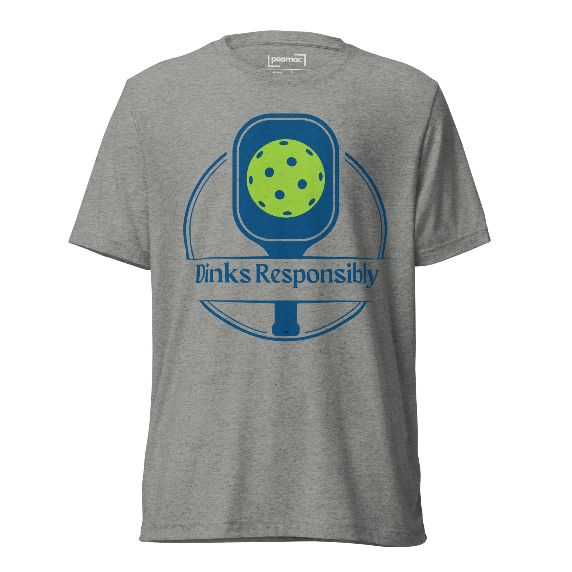 Unisex grey tri-blend T-shirt featuring a playful pickleball paddle and ball graphic, from PeaMac Pickleball Tees.