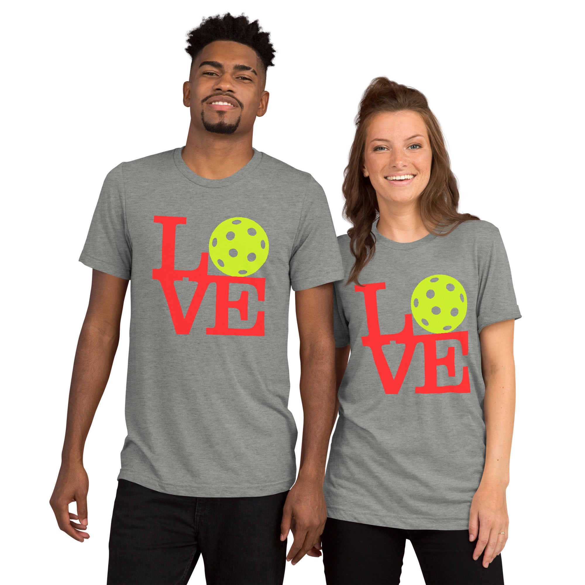 Unisex Neopop Art Pickleball T-Shirt by PeaMac Pickleball Tees, athletic grey tri-blend fabric, front design.