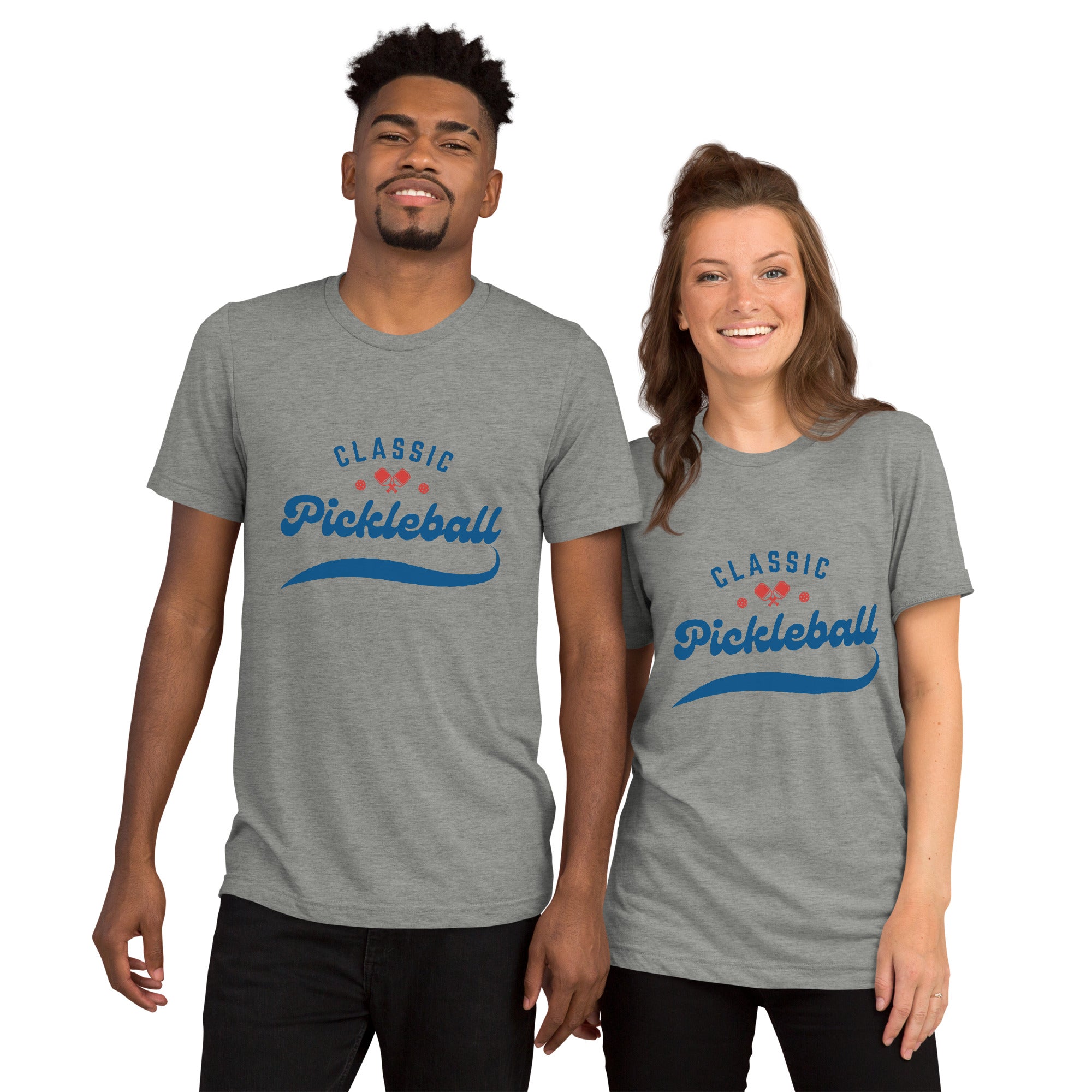 Unisex athletic grey tri-blend T-shirt with classic pickleball script and paddle and ball graphic by PeaMac Pickleball Tees.