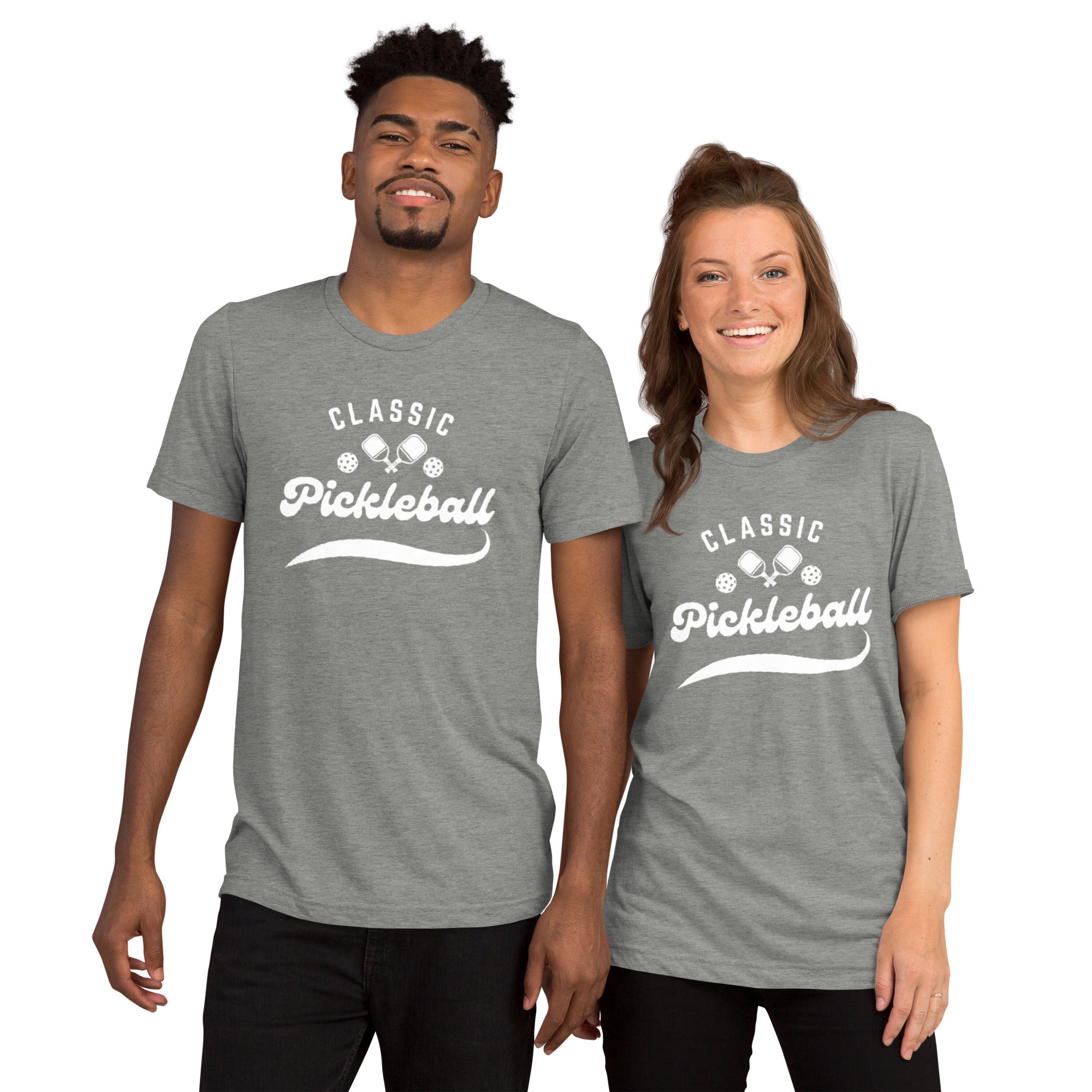 White Classic Pickleball Script Design on PeaMac Pickleball Tees unisex tri-blend T-shirt, athletic grey front view