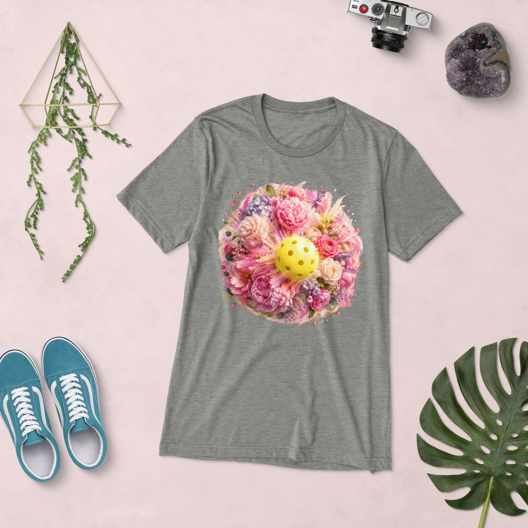 Unisex Peony Pickleball Tee in athletic grey triblend fabric, featuring a comfortable fit and PeaMac Pickleball Tees branding.
