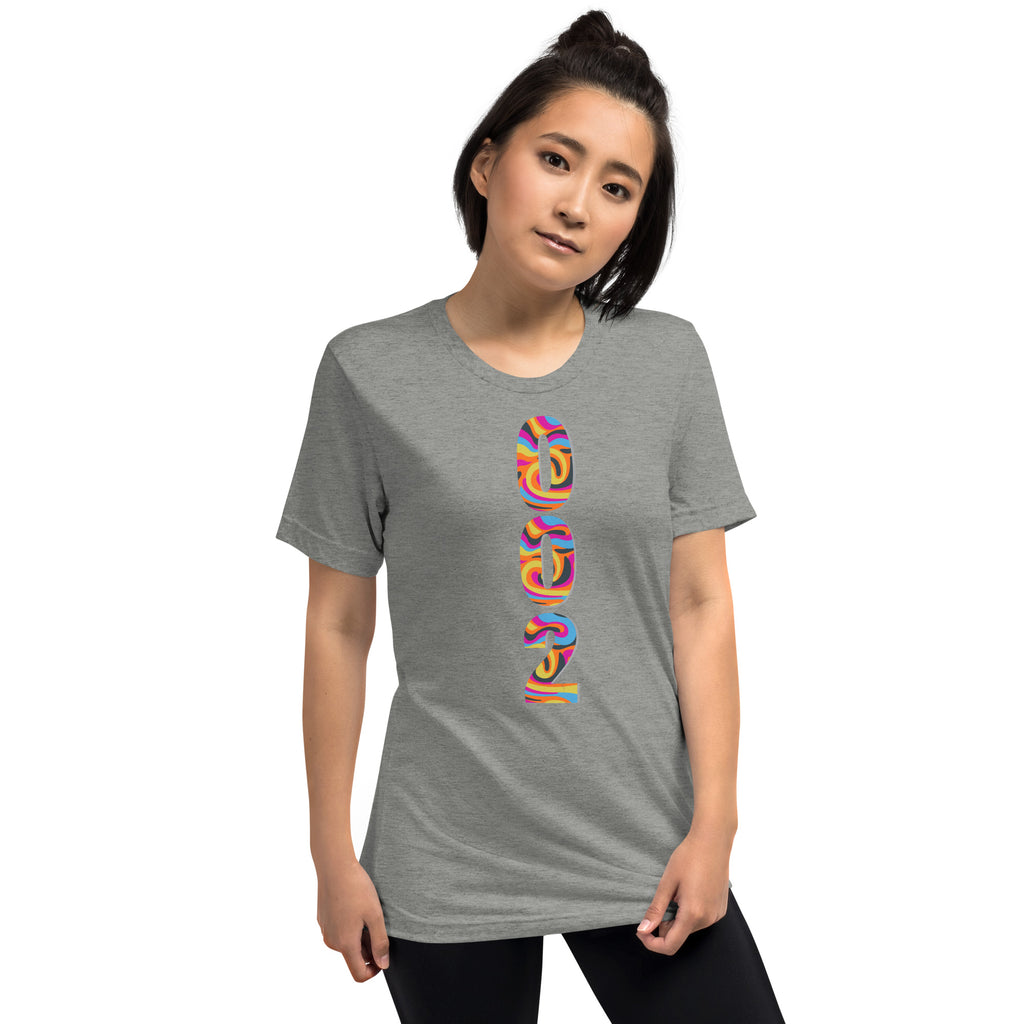 Unisex grey Pickleball T-shirt by PeaMac Pickleball Tees, premium tri-blend fabric with psychedelic design on front.