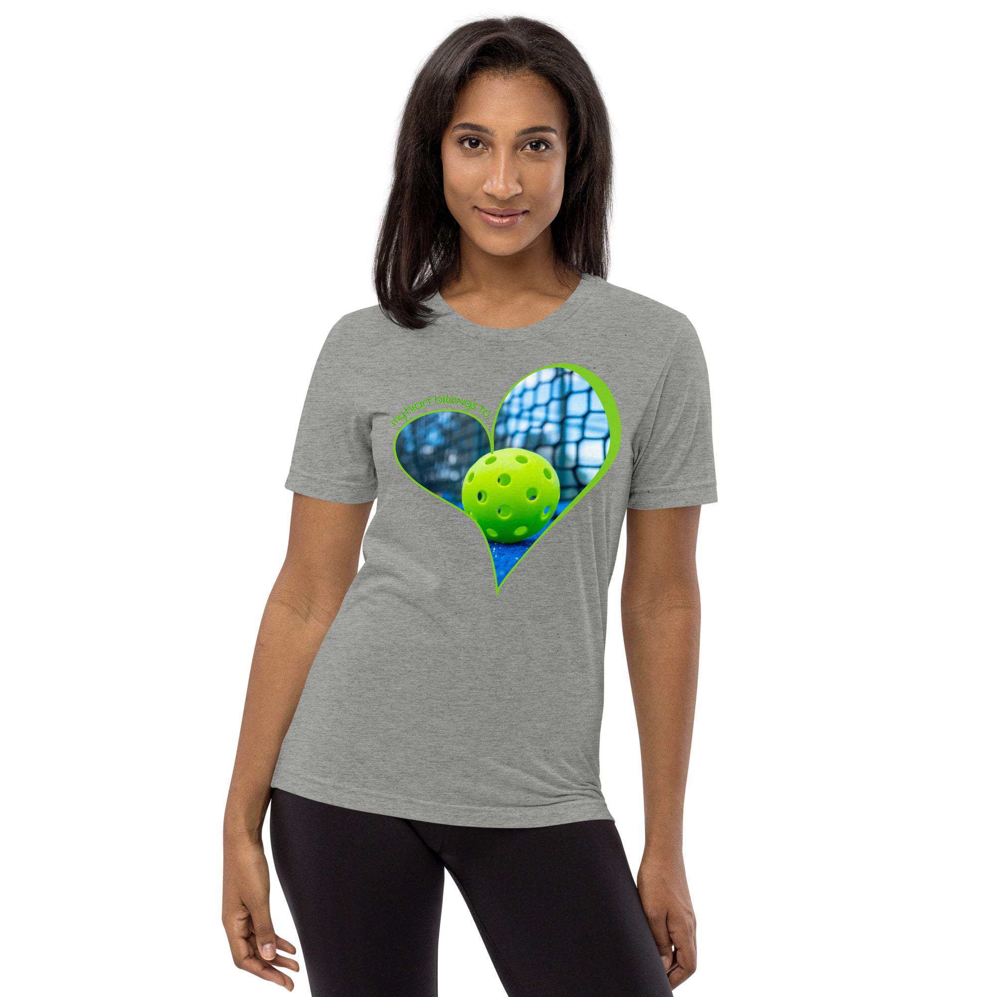 Unisex athletic grey tri-blend T-shirt with "My Heart Belongs to Pickleball" slogan, from PeaMac Pickleball Tees, front view.