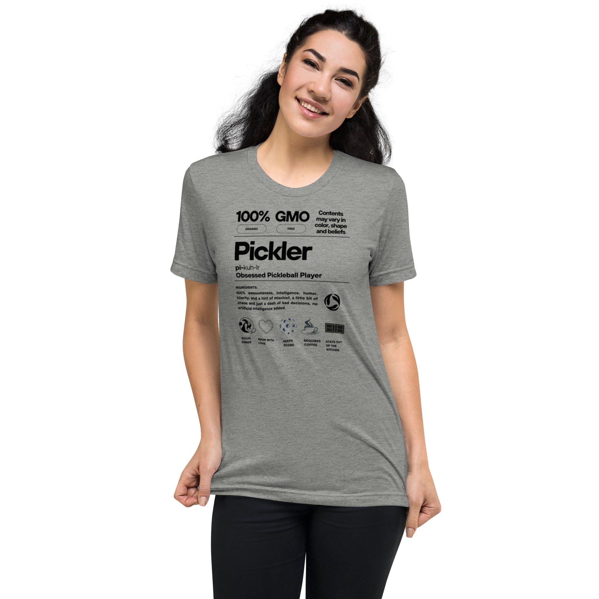 Women’s Pickler Funny Definitions T-Shirt by PeaMac Pickleball Tees, lightweight athletic grey tri-blend fabric with humorous pickleball text.