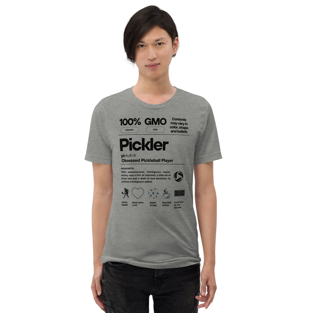 Unisex grey tri-blend Pickler Funny Definitions T-Shirt by PeaMac Pickleball Tees, featuring athletic fit and casual style.