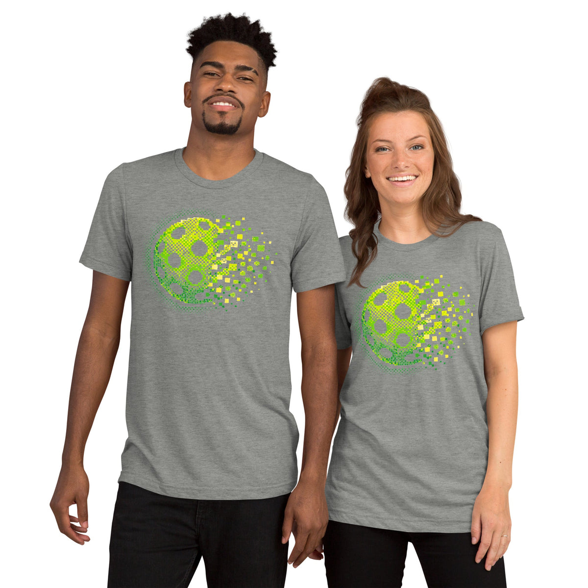 Unisex athletic grey tri-blend T-shirt featuring the Matrix Burst Neo-Green pickleball graphic, by PeaMac Pickleball Tees.