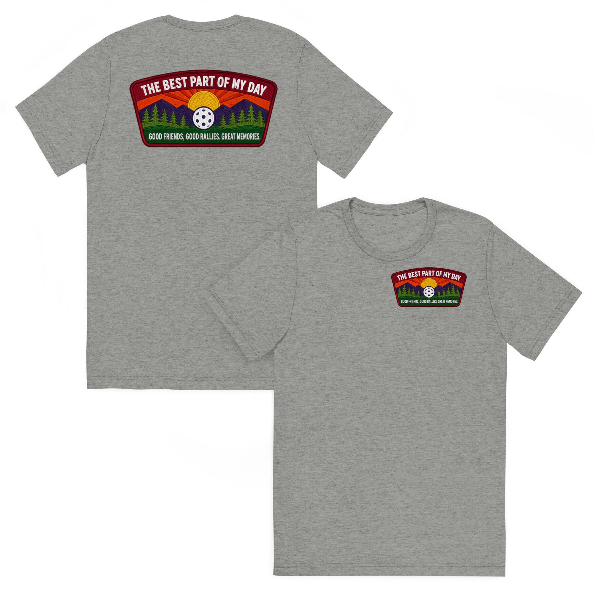 Unisex grey tri-blend pickleball T-shirt with "Best Part of My Day" slogan on front and back, from PeaMac Pickleball Tees.
