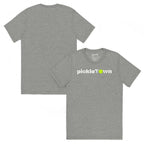 Toronto PickleTOwn T-Shirt — The 6ix Pickleball Tee with CN Tower & Pickleball 'O' - Athletic Grey - Front And Back - PeaMacTees