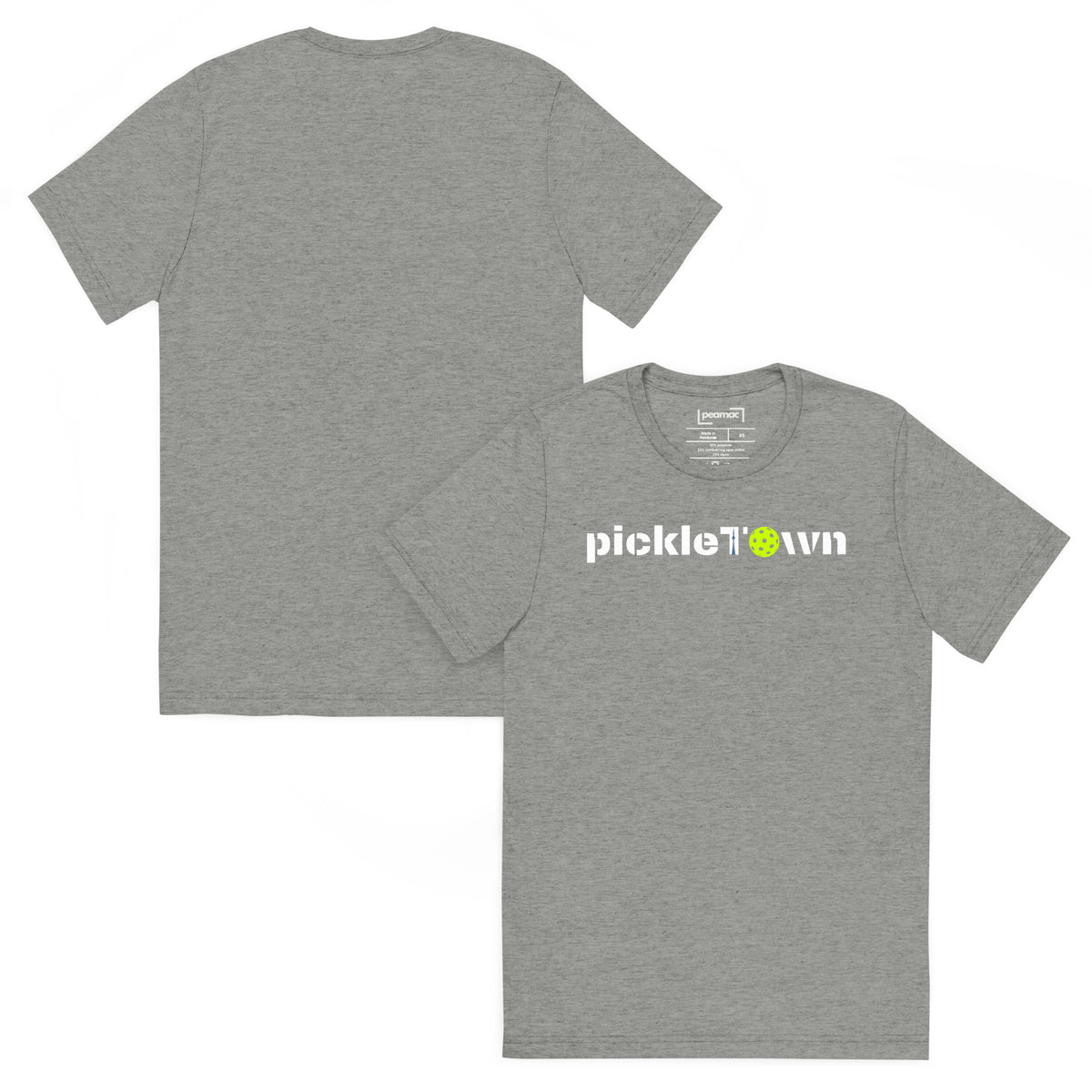 Toronto PickleTOwn T-Shirt — The 6ix Pickleball Tee with CN Tower & Pickleball 'O' - Athletic Grey - Front And Back - PeaMacTees