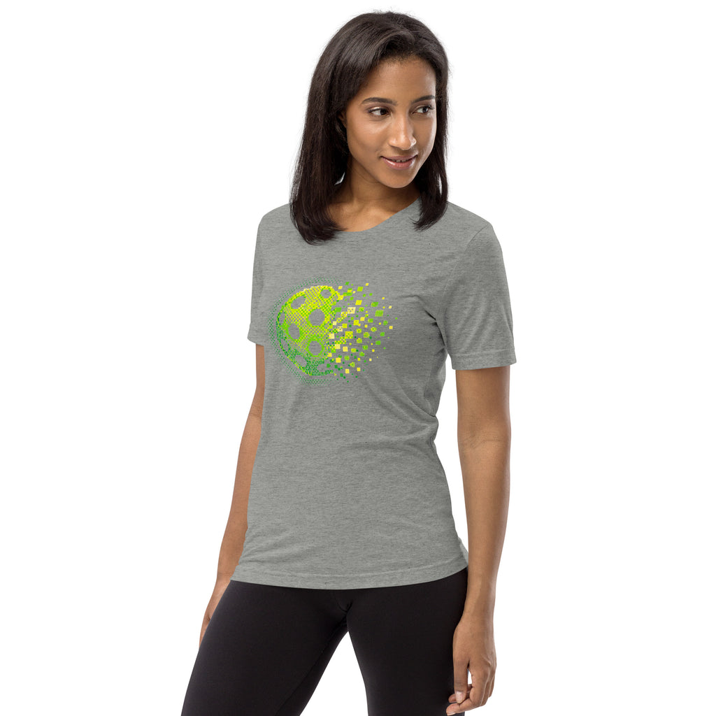 PeaMac Pickleball Tees Matrix Burst Pickleball T-Shirt in green, unisex tri-blend athletic grey fabric, left-front graphic.