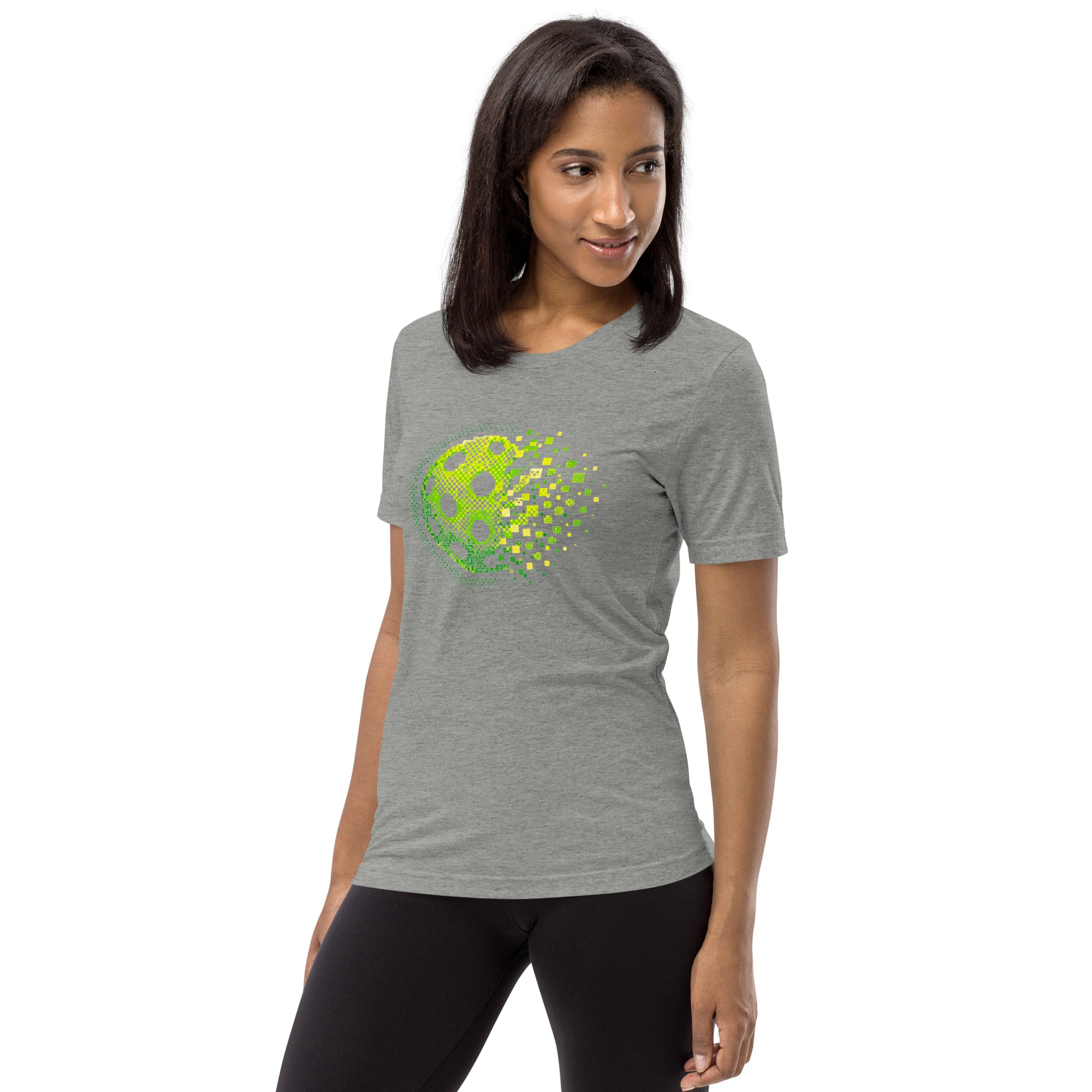 PeaMac Pickleball Tees Matrix Burst Pickleball T-Shirt in green, unisex tri-blend athletic grey fabric, left-front graphic.